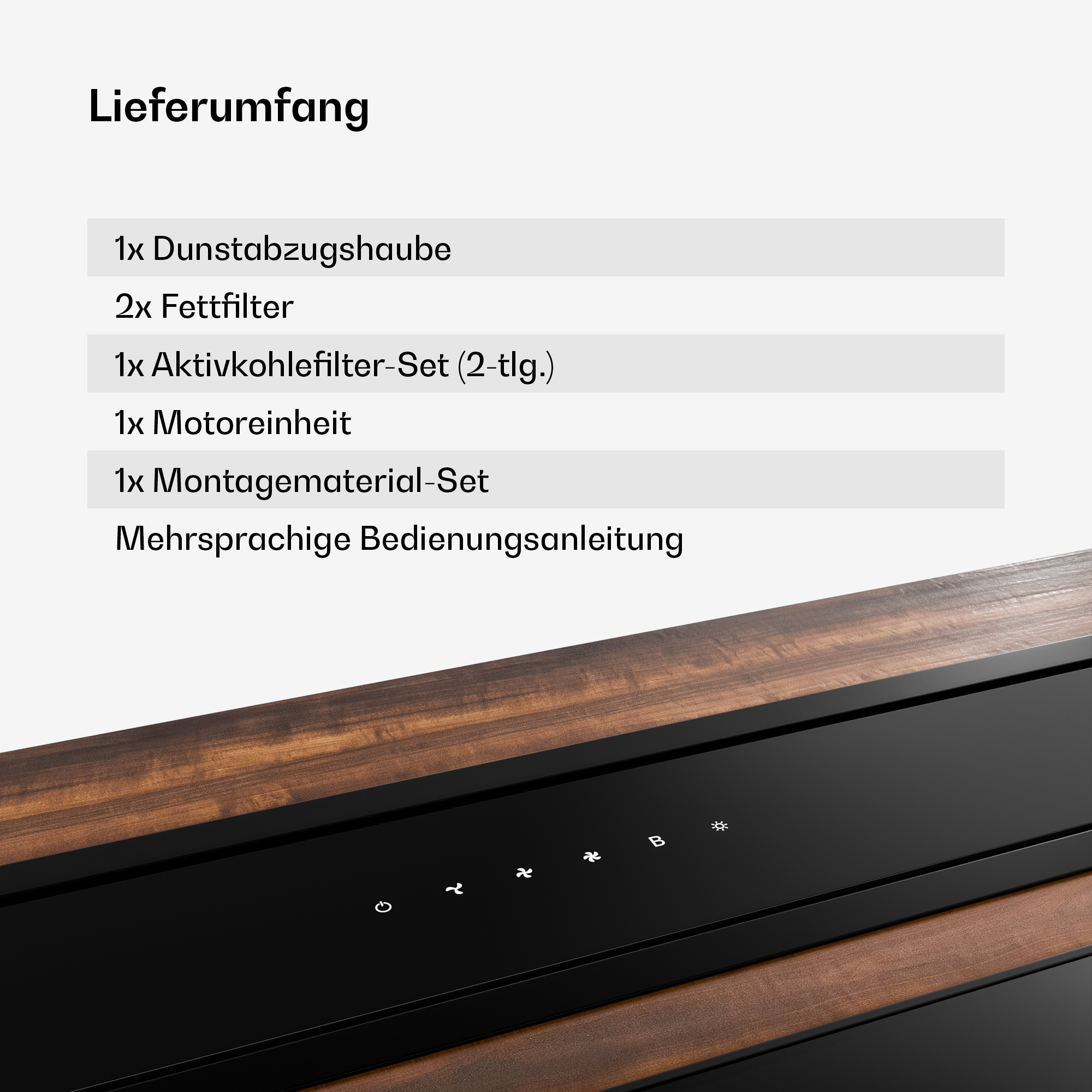 Nahaufnahme einer schwarzen Dunstabzugshaube mit Holzverkleidung. Enthält Text über Artikel im Karton und Steuerungssymbole.