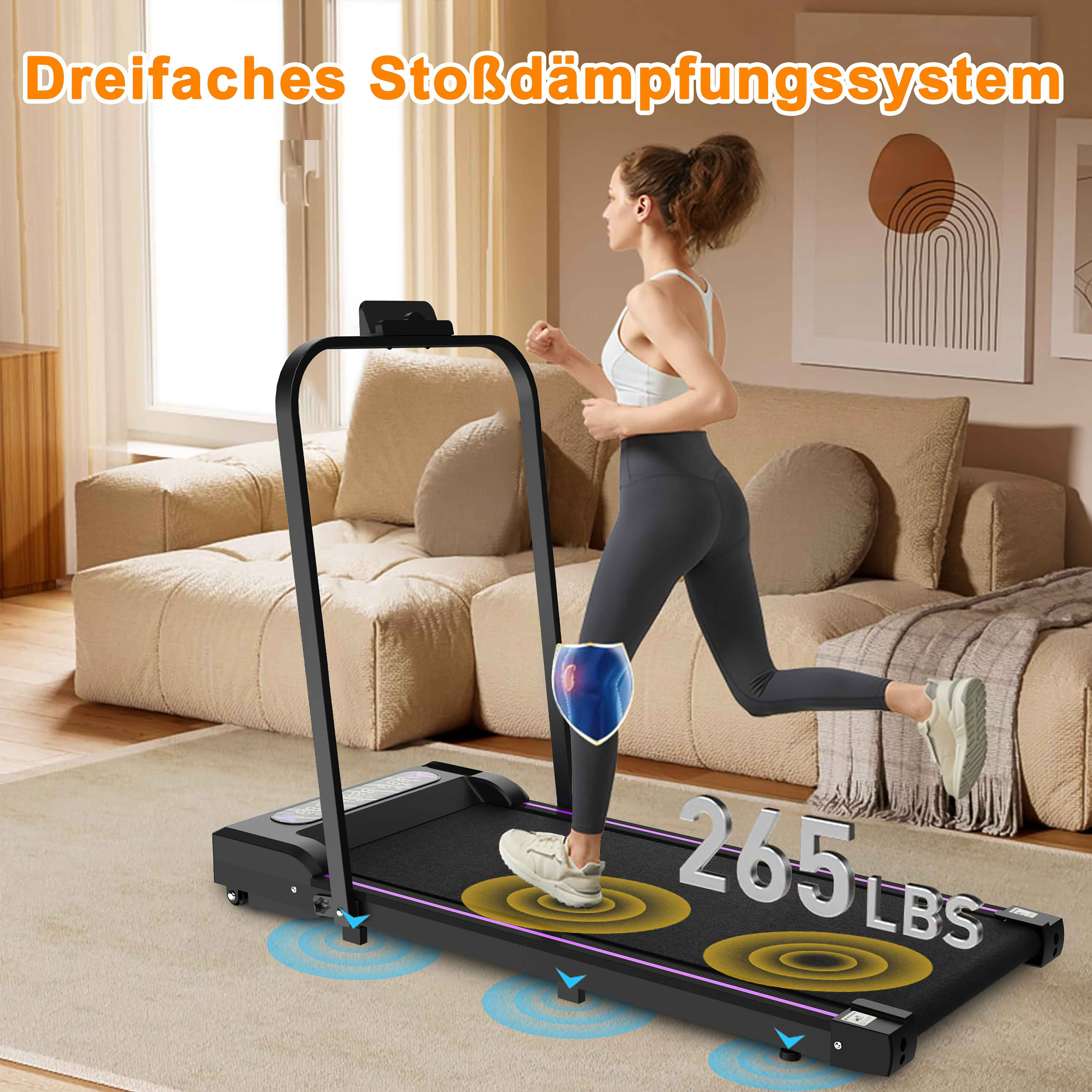 Frau, die auf einem Laufband läuft. Es hat eine Anzeige mit 265 LBS. Der Text oben lautet 'Dreifaches Stoßdämpfungssystem'.