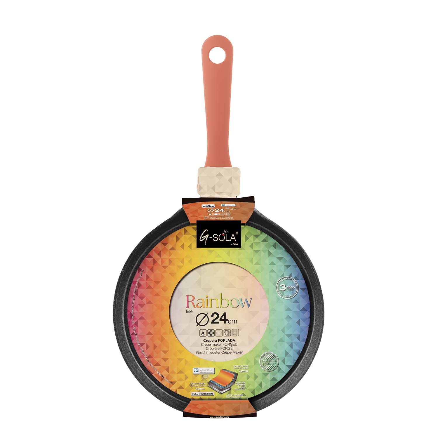Una crepera con cuerpo negro, interior con patrón de arcoíris y mango melocotón. Tiene una etiqueta con texto y está sobre un fondo blanco.