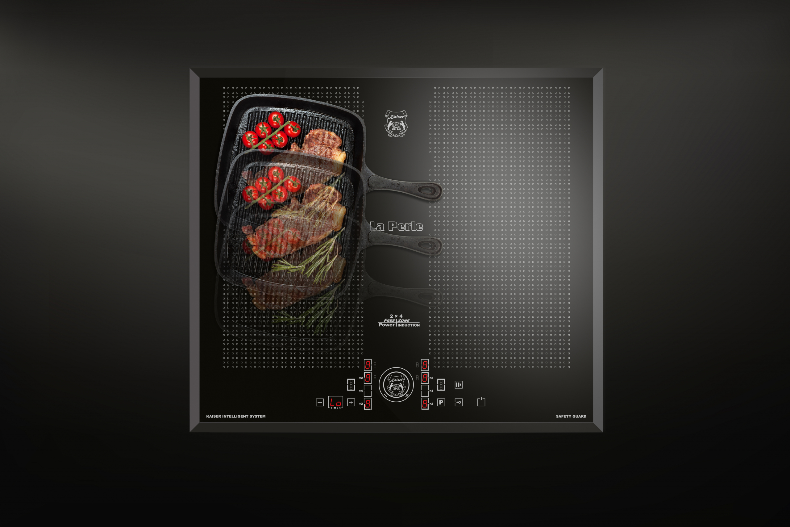 Schwarzes Induktionskochfeld mit Steaks, Tomaten und Rosmarin auf Grillpfannen. Kaiser-Logo sichtbar.
