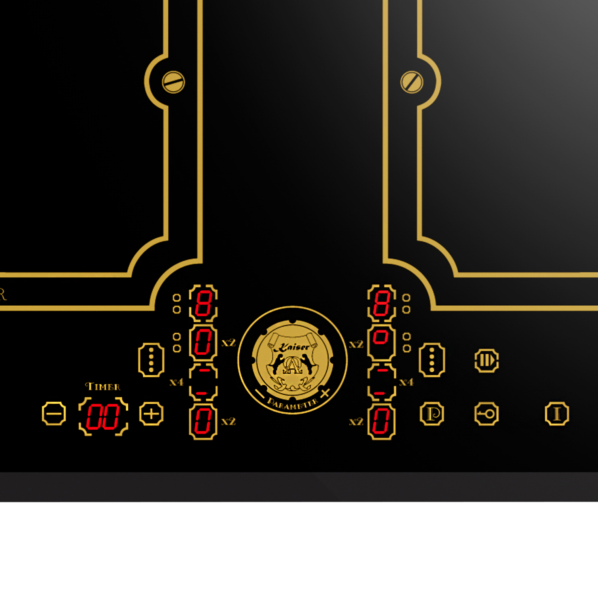 Schwarzes Panel mit goldenen Akzenten, rote Digitalanzeigen mit Zahlen und ein goldenes Emblem mit Text. Timer- und Parametersteuerungen sind vorhanden.