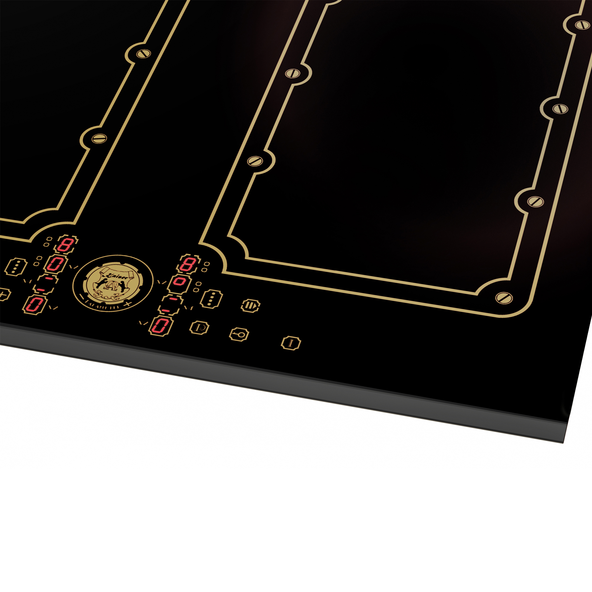 Eine schwarze Oberfläche mit goldenen Linien, Knöpfen und einem Logo. Es hat rote Digitalanzeigen. Weißer Hintergrund.