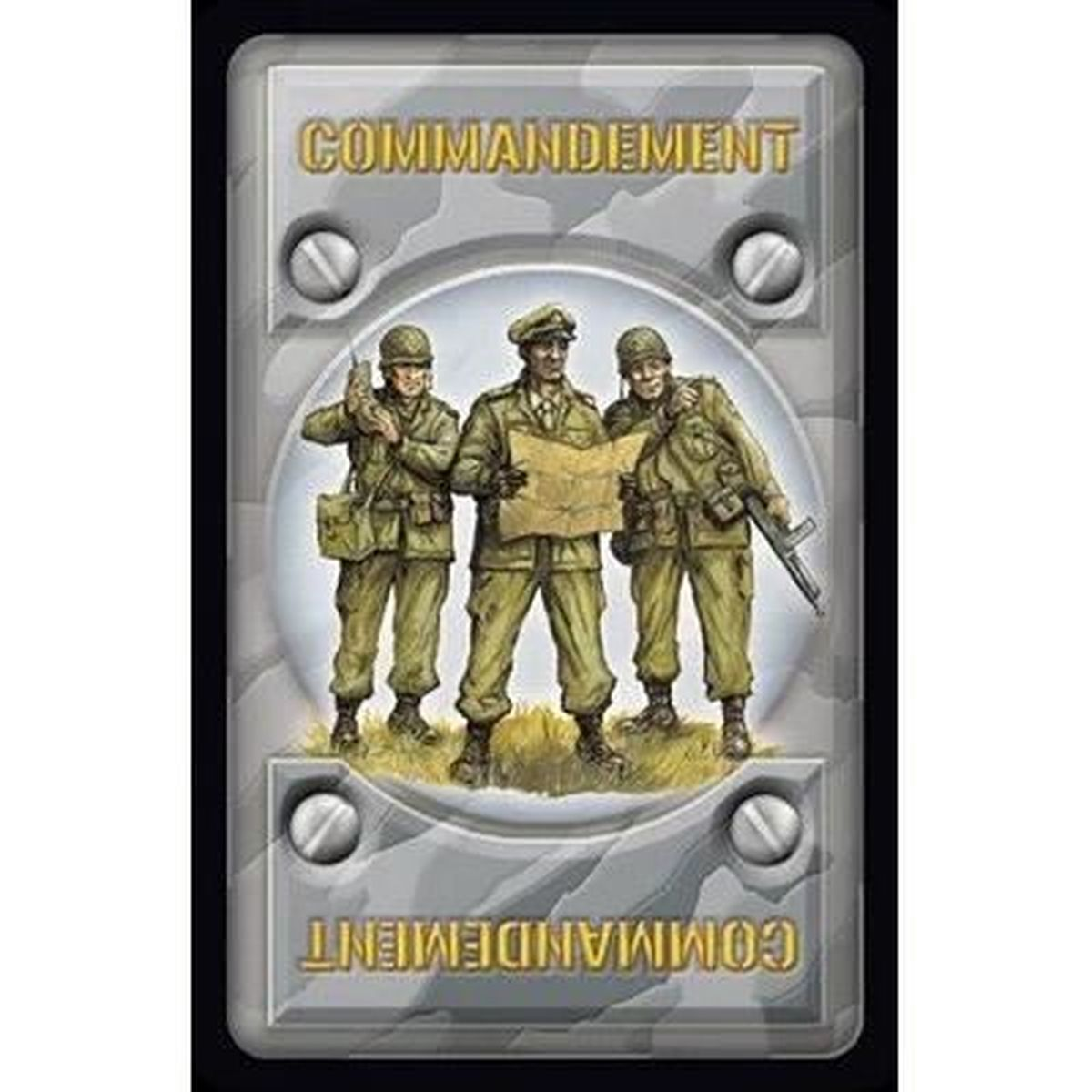 Drei Soldaten in olivfarbenen Uniformen. Einer hält ein Funkgerät, ein anderer eine Karte und der dritte eine Waffe. Das Wort COMMANDEMENT steht oben und unten.