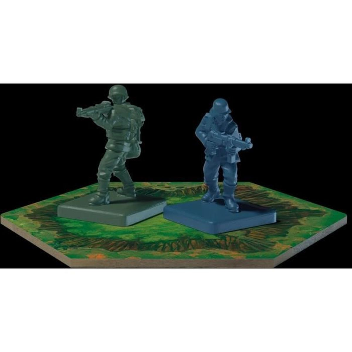 Zwei Spielzeugsoldaten auf einem Spielbrett. Einer ist grün und zielt mit einem Gewehr. Der andere ist blau und hält ein Gewehr.