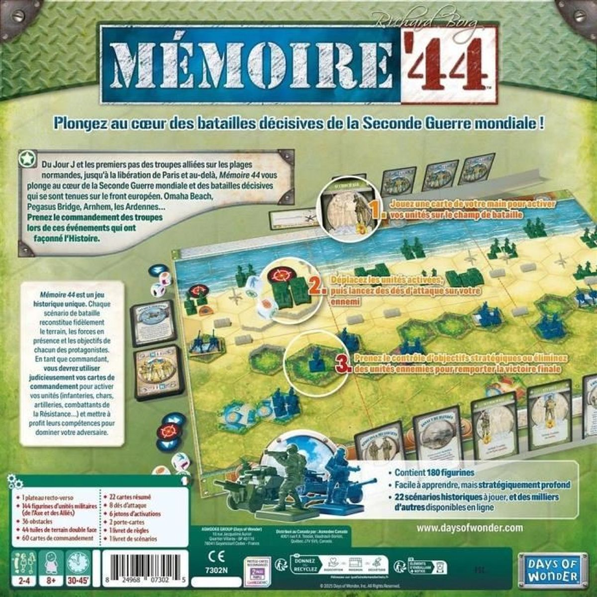 Brettspielbox, Mémoire 44, mit historischen Schlachten. Soldaten, Karten und Text sind sichtbar. Die Box hat ein blaues und weißes Design.
