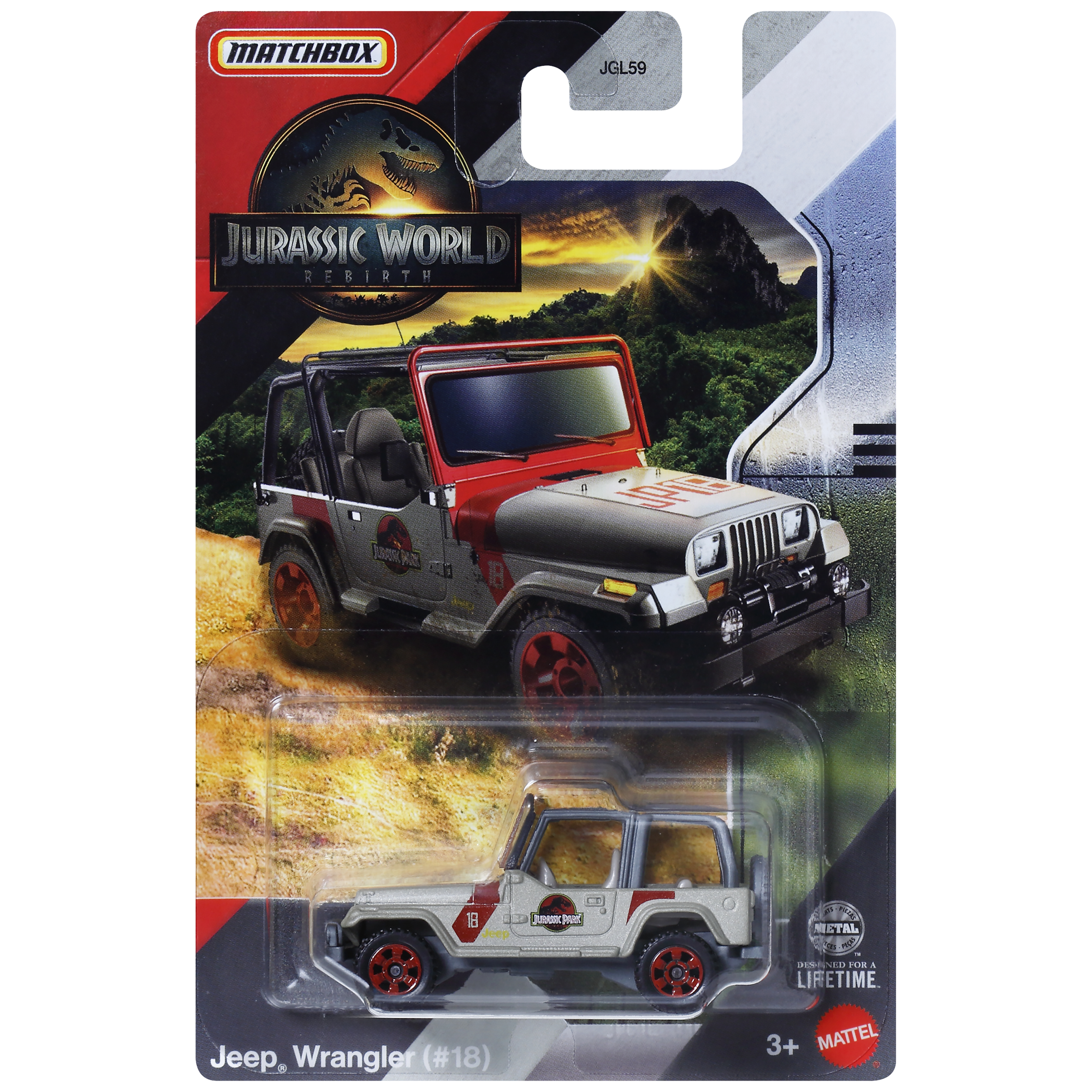 Un juguete Matchbox Jurassic World Jeep Wrangler, gris y rojo, en su embalaje, con el logo de Jurassic Park.