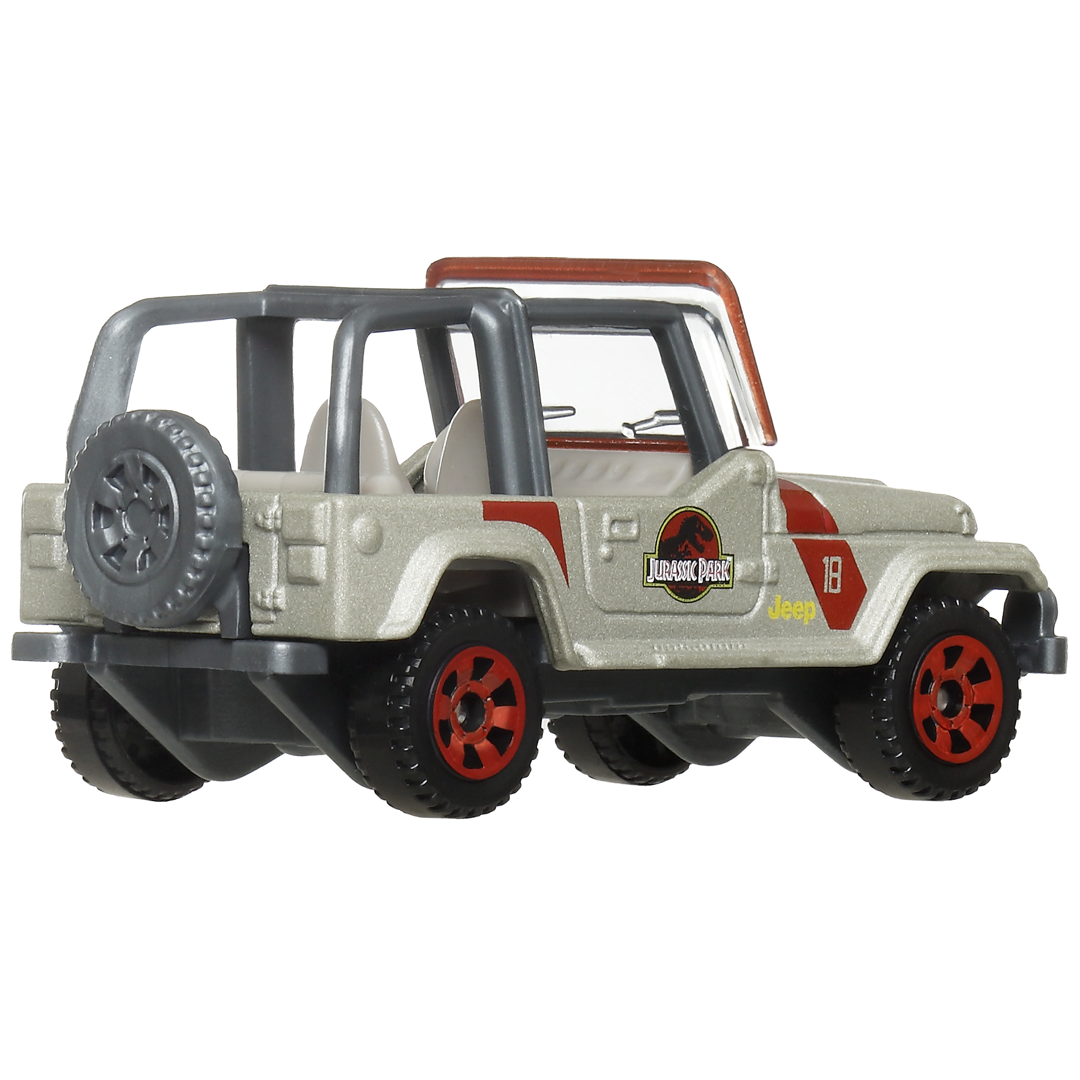 Un Jeep de juguete, plateado con detalles rojos, logotipo de Jurassic Park, rueda de repuesto en la parte trasera. Llantas negras, llantas rojas.