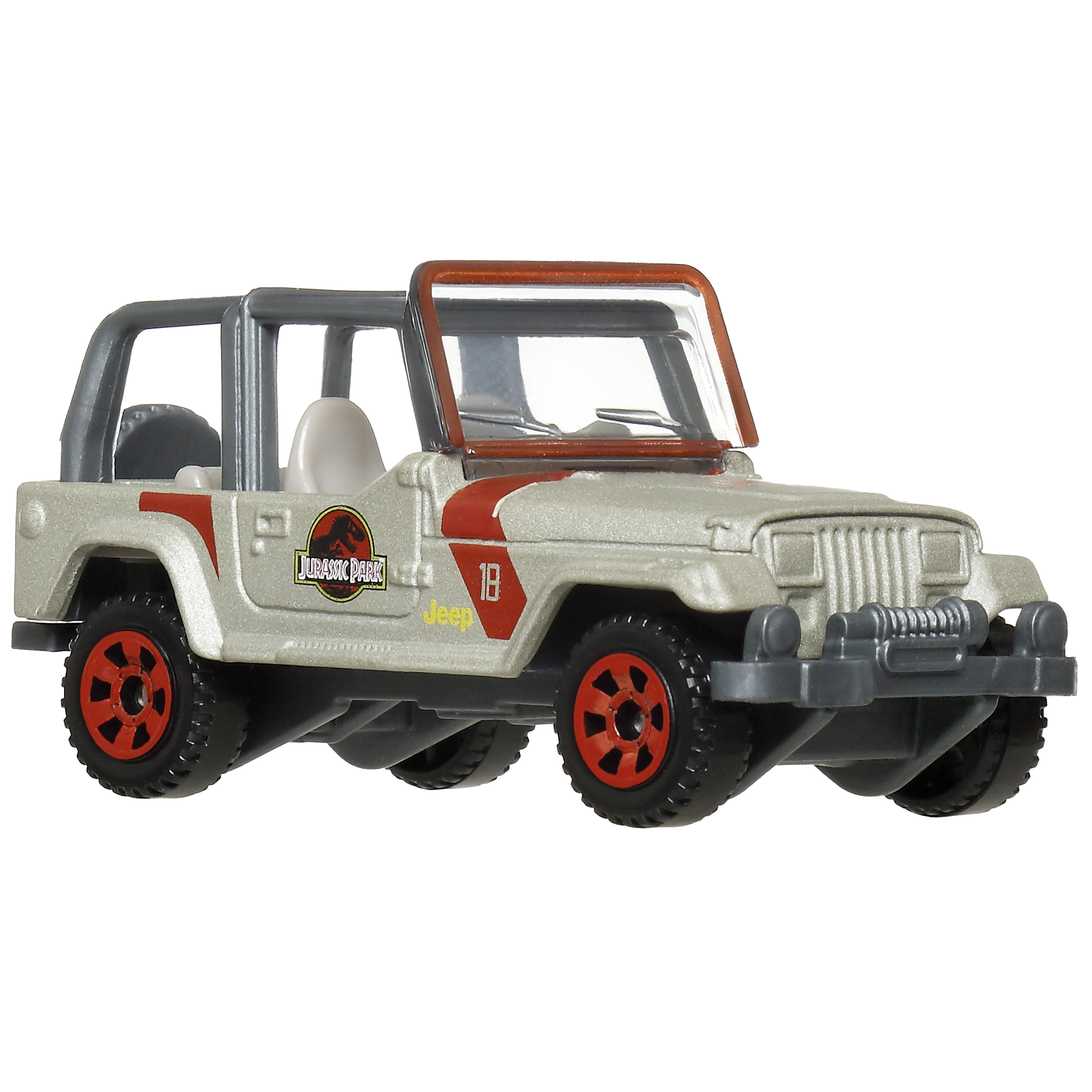 Un coche de juguete Jeep de Jurassic Park. Es plateado con detalles rojos y negros, y ruedas rojas. El fondo es blanco.