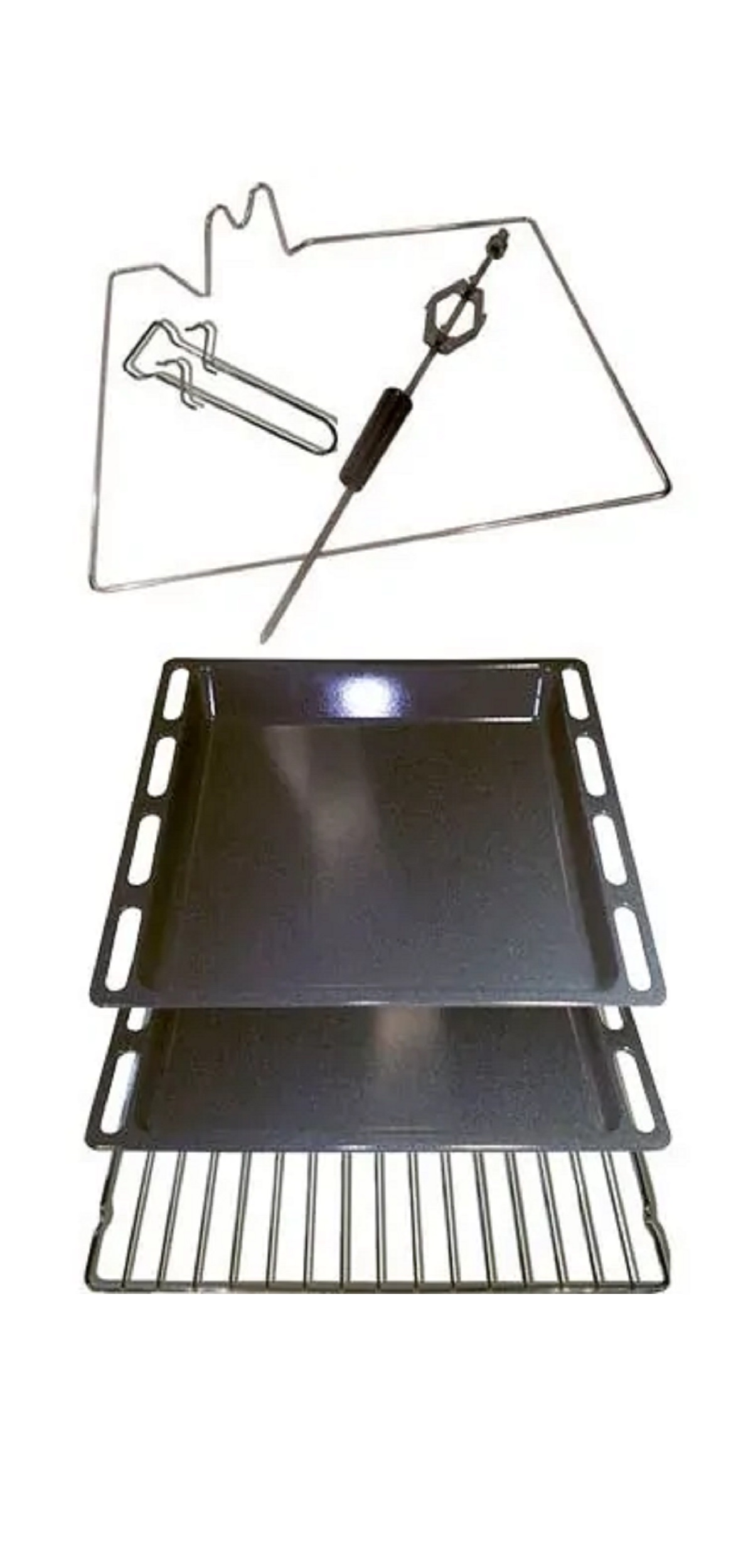 Ein Ofen-Set mit Rost, zwei Tabletts und einem Drehspieß. Die Tabletts und der Rost sind schwarz, und der Drehspieß hat einen Griff.