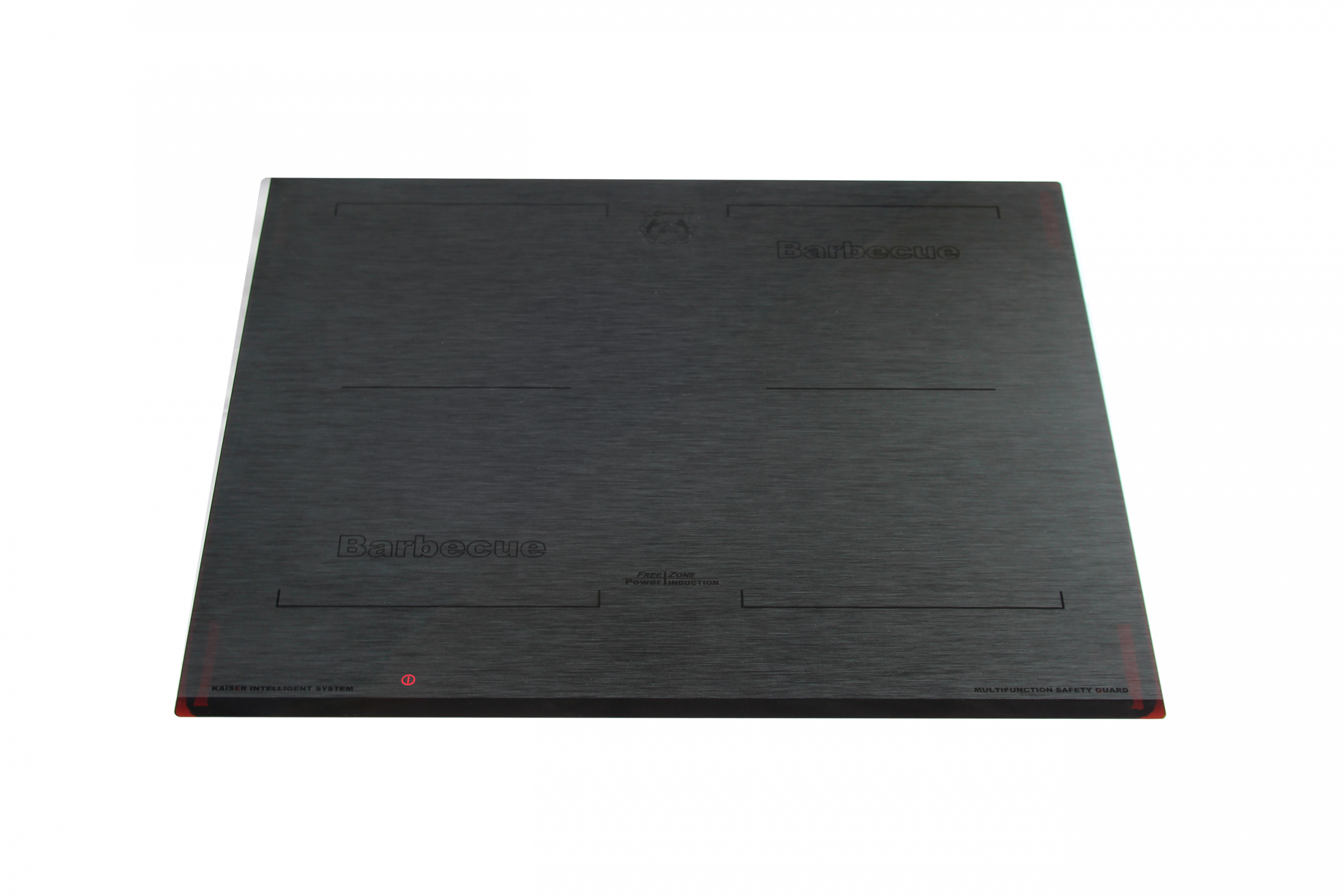 Piano cottura a induzione nero con la scritta 'Barbecue'. Ha dettagli rossi e la scritta 'Kaiser Intelligent System'.