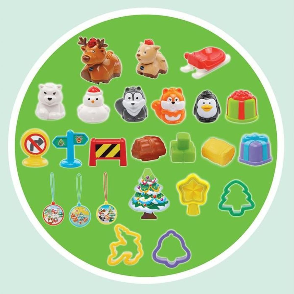 Verschiedene weihnachtliche Spielzeuge und Dekorationen, darunter Rentiere, Pinguine, Schneemänner und Geschenkboxen, auf grünem Hintergrund angeordnet.