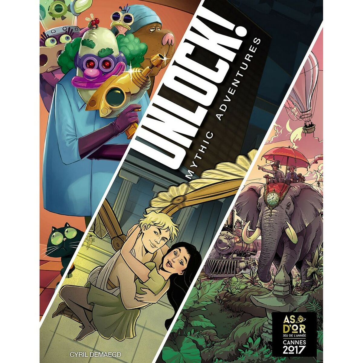 Unlock! Mythic Adventures-Spielcover. Enthält verschiedene Charaktere, darunter einen Wissenschaftler, ein Paar und einen Elefanten. Fettgedruckter Titeltext und Auszeichnungslogo.