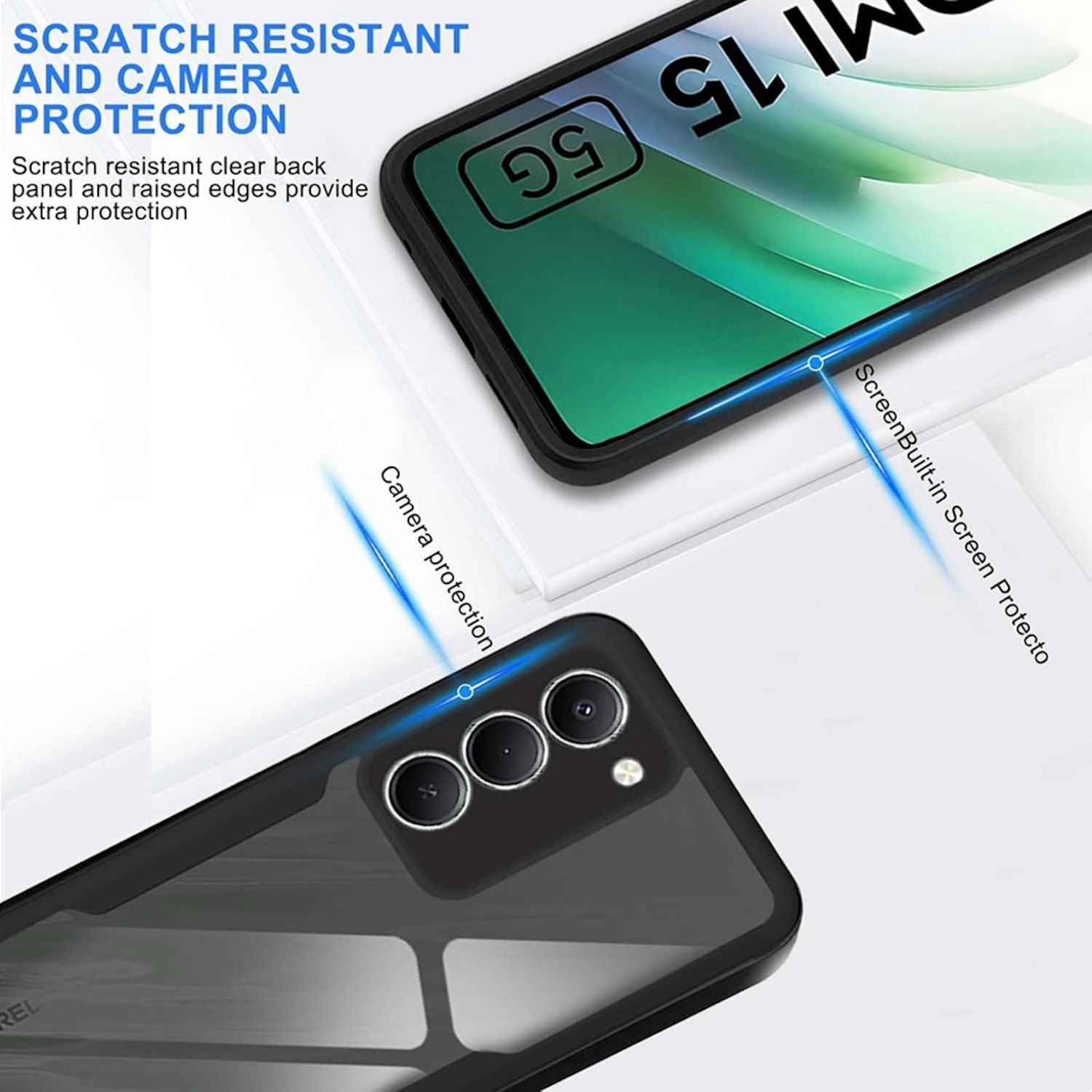 La imagen muestra una funda de teléfono con parte trasera transparente y marco negro. El texto resalta la protección contra arañazos y la cámara.