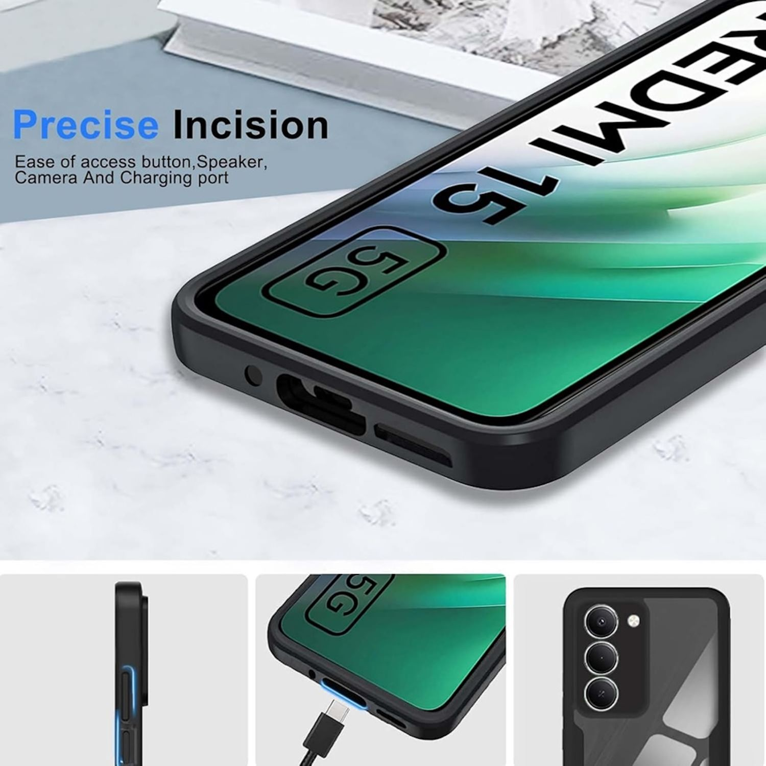Funda de teléfono negra con pantalla verde, mostrando el Redmi 15 5G. Incisiones precisas para botones, altavoz, cámara y puerto de carga.