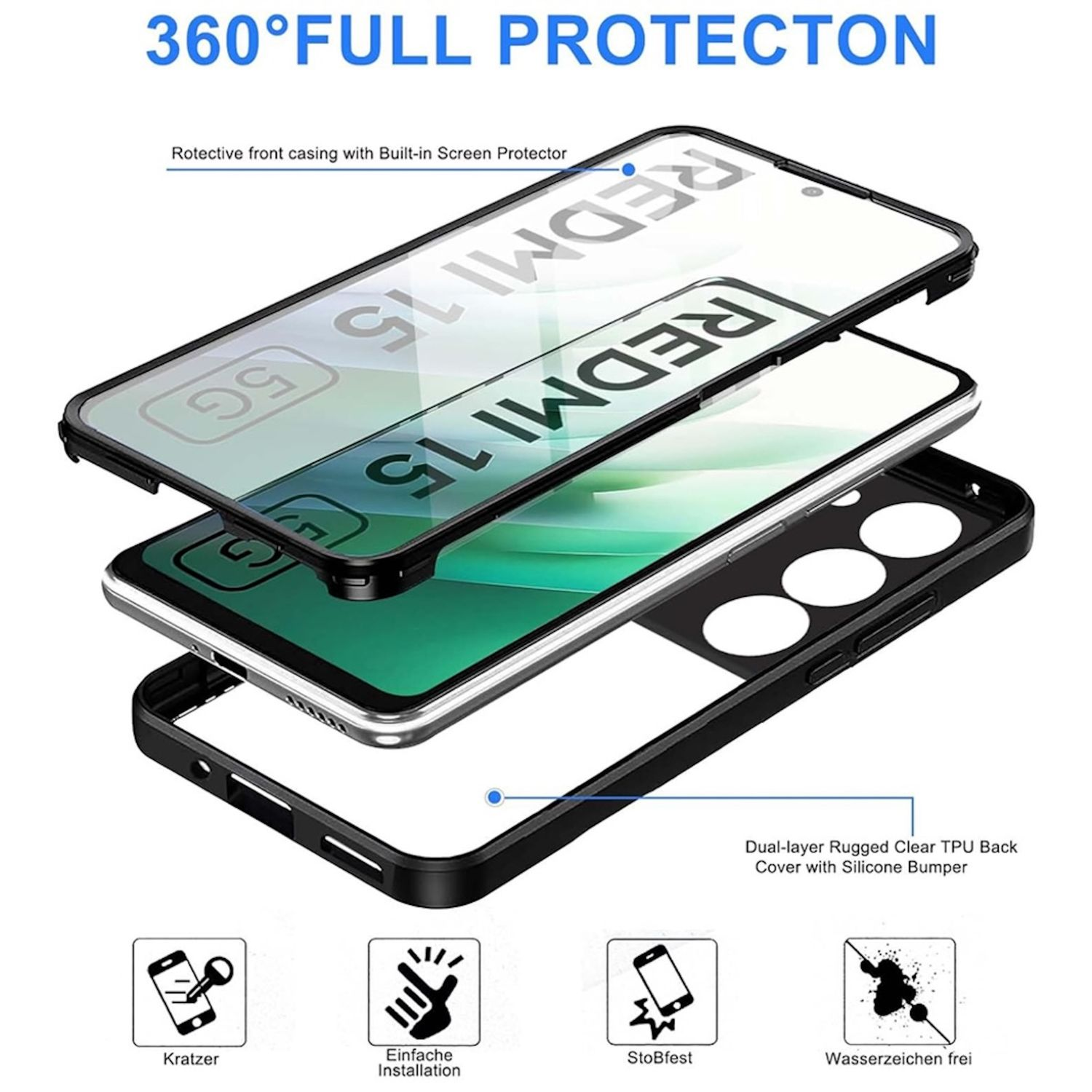 Una funda de teléfono con tres capas. La capa superior muestra la pantalla del teléfono, el medio es un cristal y la inferior es la funda.