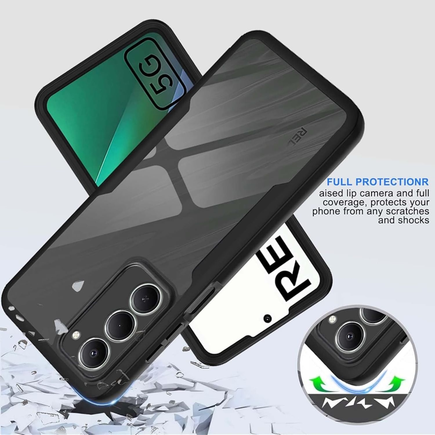 Funda negra para teléfono con etiqueta 5G, recortes para cámara y funciones de protección, que cubre parcialmente un teléfono. Fondo con vidrio roto.