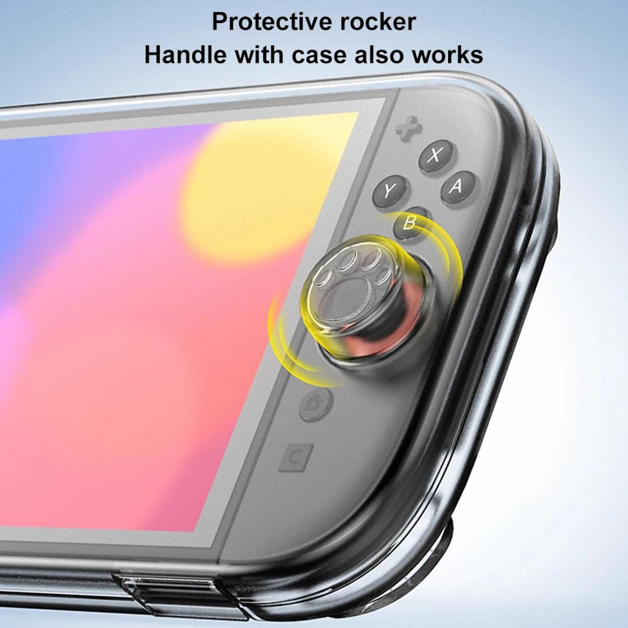 Eine transparente Schutzhülle auf einer Spielkonsole. Die Hülle hat eine Daumenknaufabdeckung mit Pfotenabdruckdesign.