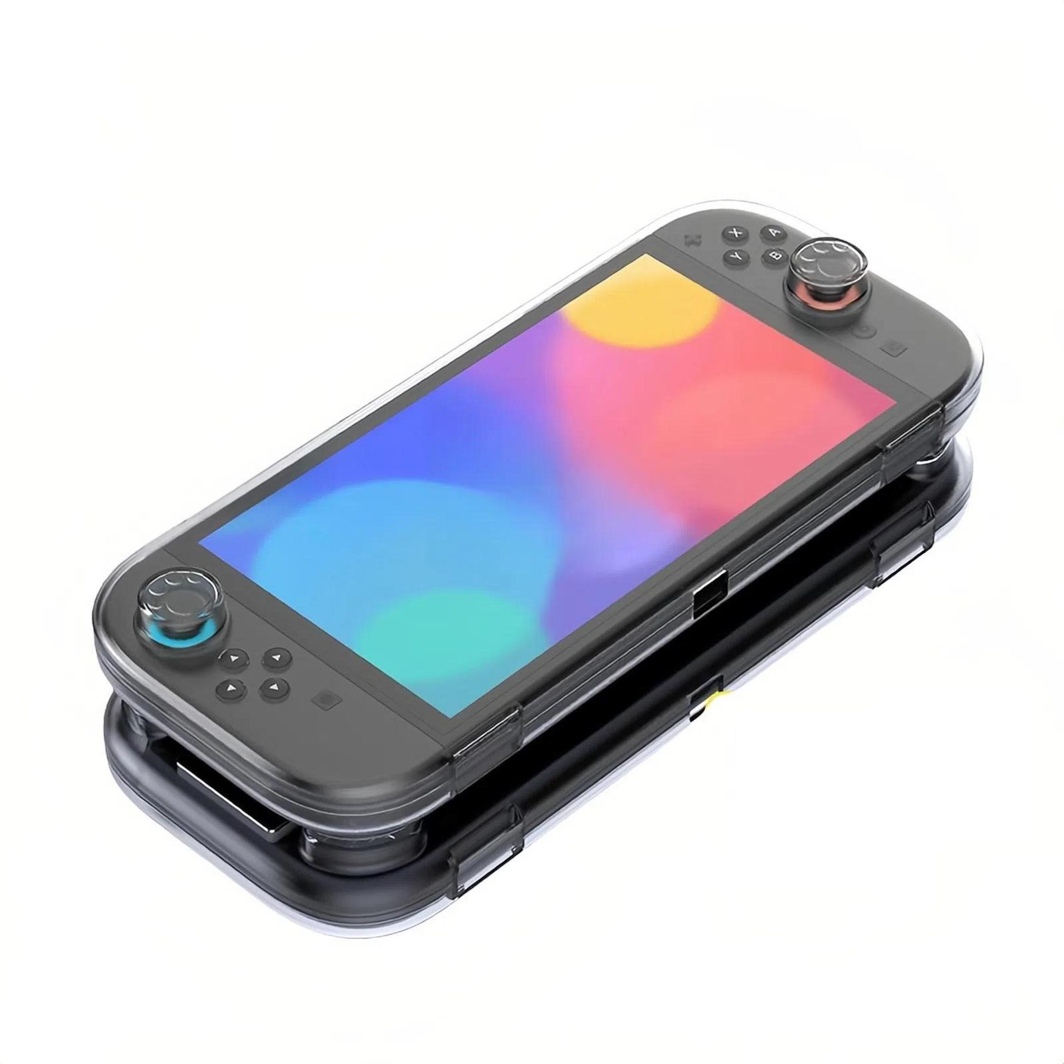 Eine Handheld-Spielkonsole in einer transparenten Hülle. Der Bildschirm zeigt bunte Grafiken. Der Hintergrund ist weiß.