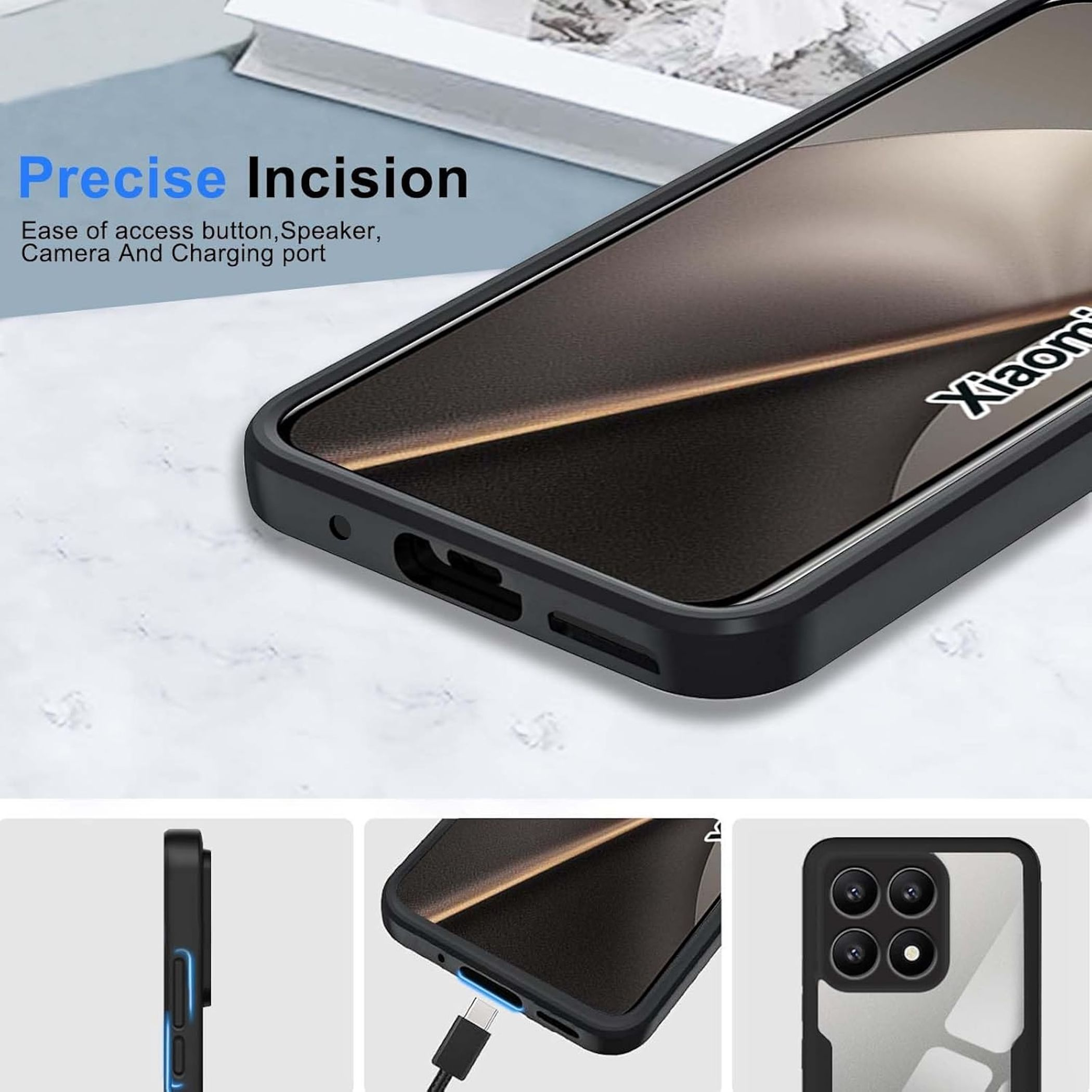 Schwarze Handyhülle mit präzisen Aussparungen, einschließlich Tasten, Lautsprecher und Kamera. Xiaomi-Logo sichtbar. Enthält Ladeanschluss.