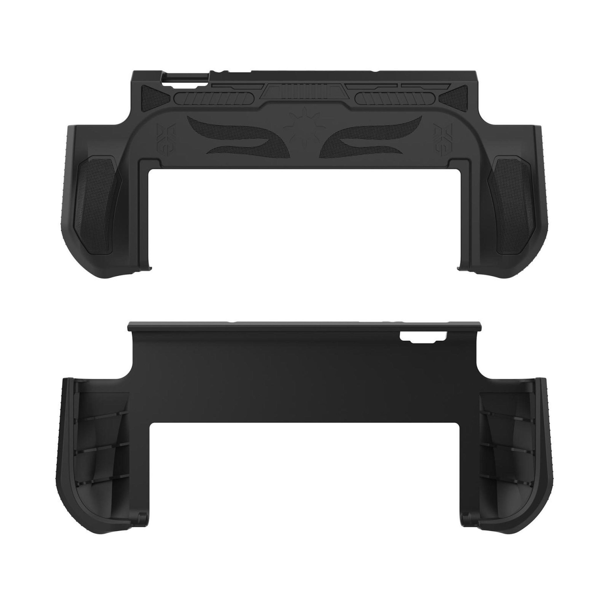 Accesorio negro para mando de juegos con dos partes, superior e inferior. La parte superior tiene un diseño en el centro.