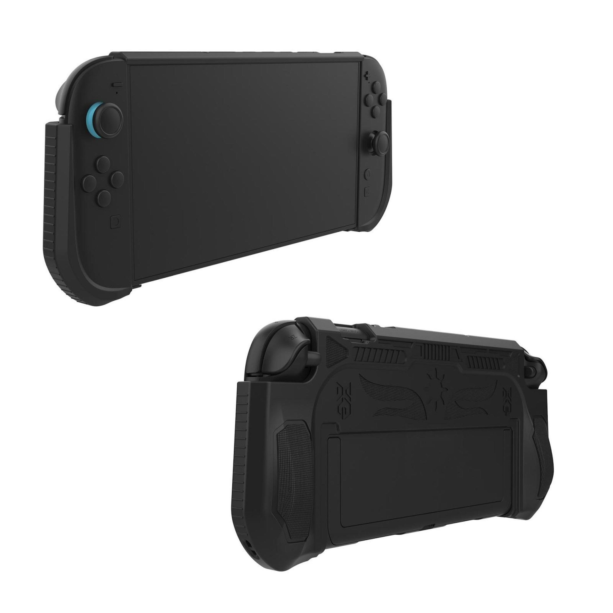 Dos fundas negras para Nintendo Switch. Una muestra el frente y la otra la parte trasera.