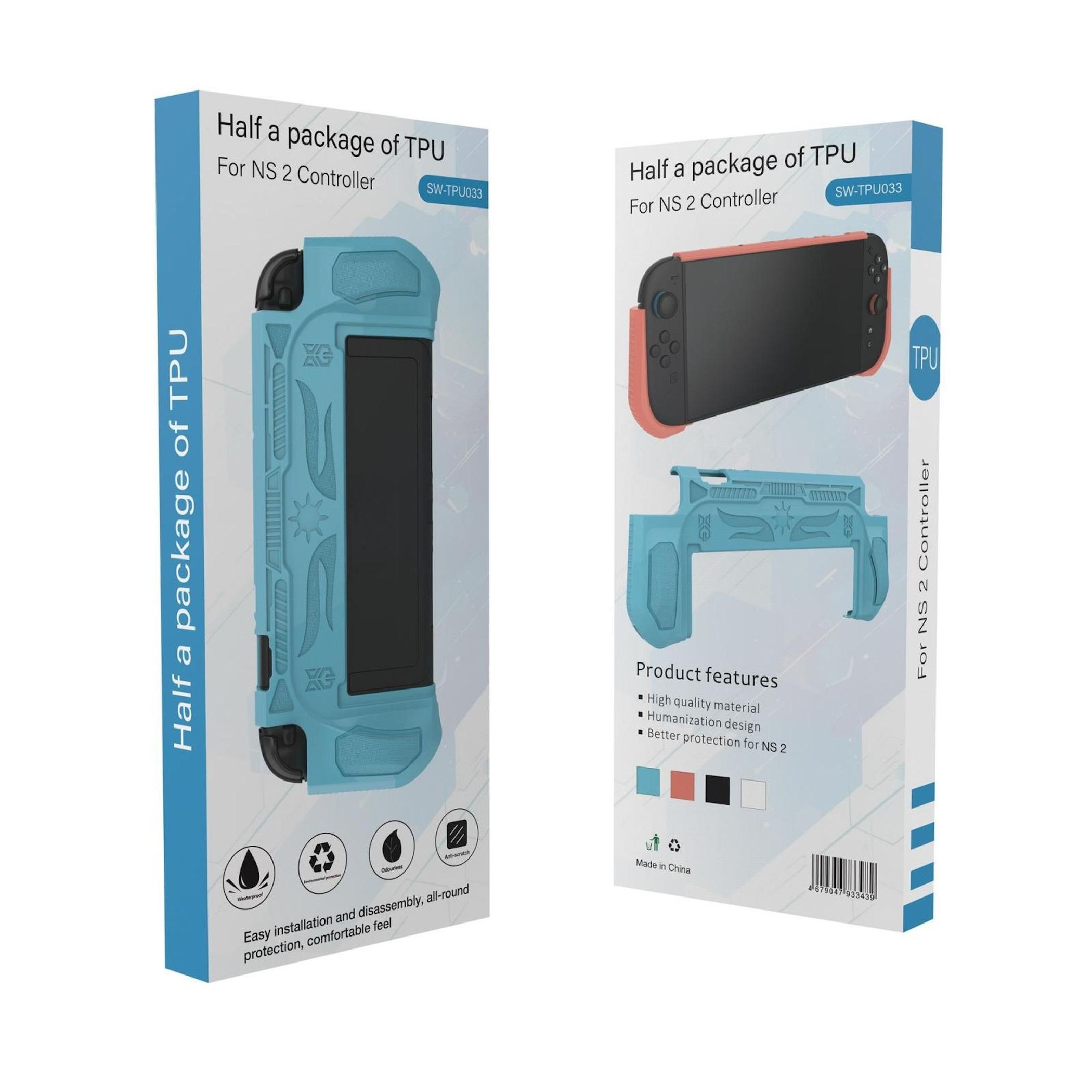 Zwei Boxen mit einer blauen und einer schwarzen NS 2 Controller-Hülle. Text: Eine halbe Packung TPU für NS 2 Controller.
