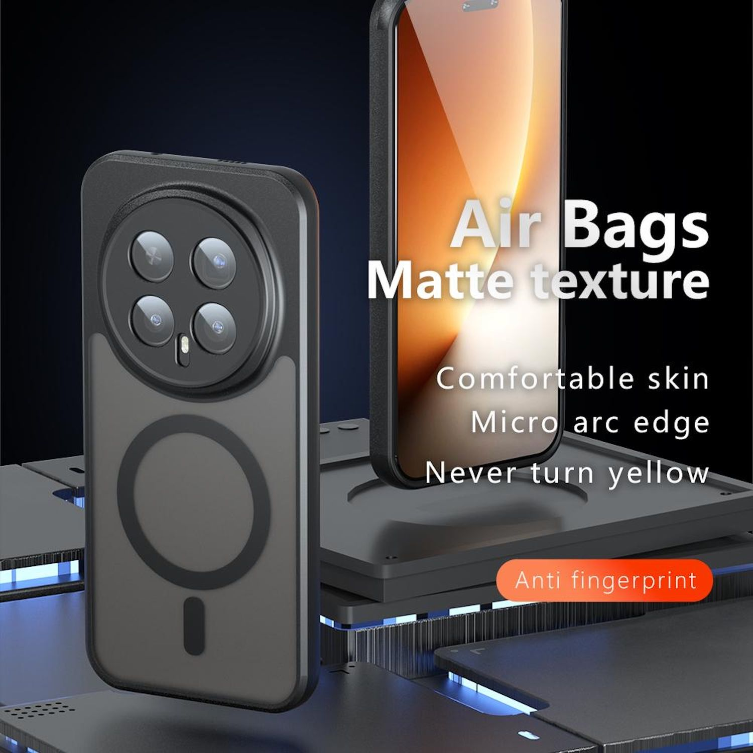 Eine Handyhülle mit einem Handy. Die Hülle ist schwarz und transparent. Text: Air Bags Matte Textur, angenehme Haut, Mikro-Bogenkante.