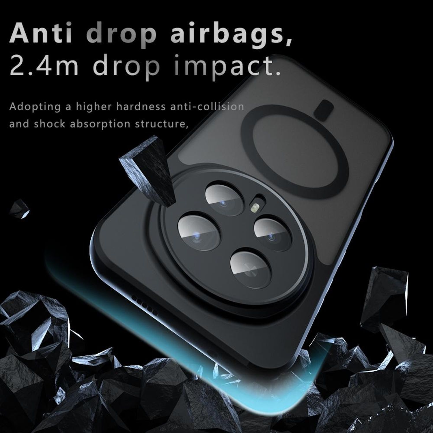 Schwarze Handyhülle mit Kameraausbuchtung, als Anti-Drop beworben. Text: Anti-Drop-Airbags, 2,4 m Aufprall. Dunkler Hintergrund mit Felsformen.