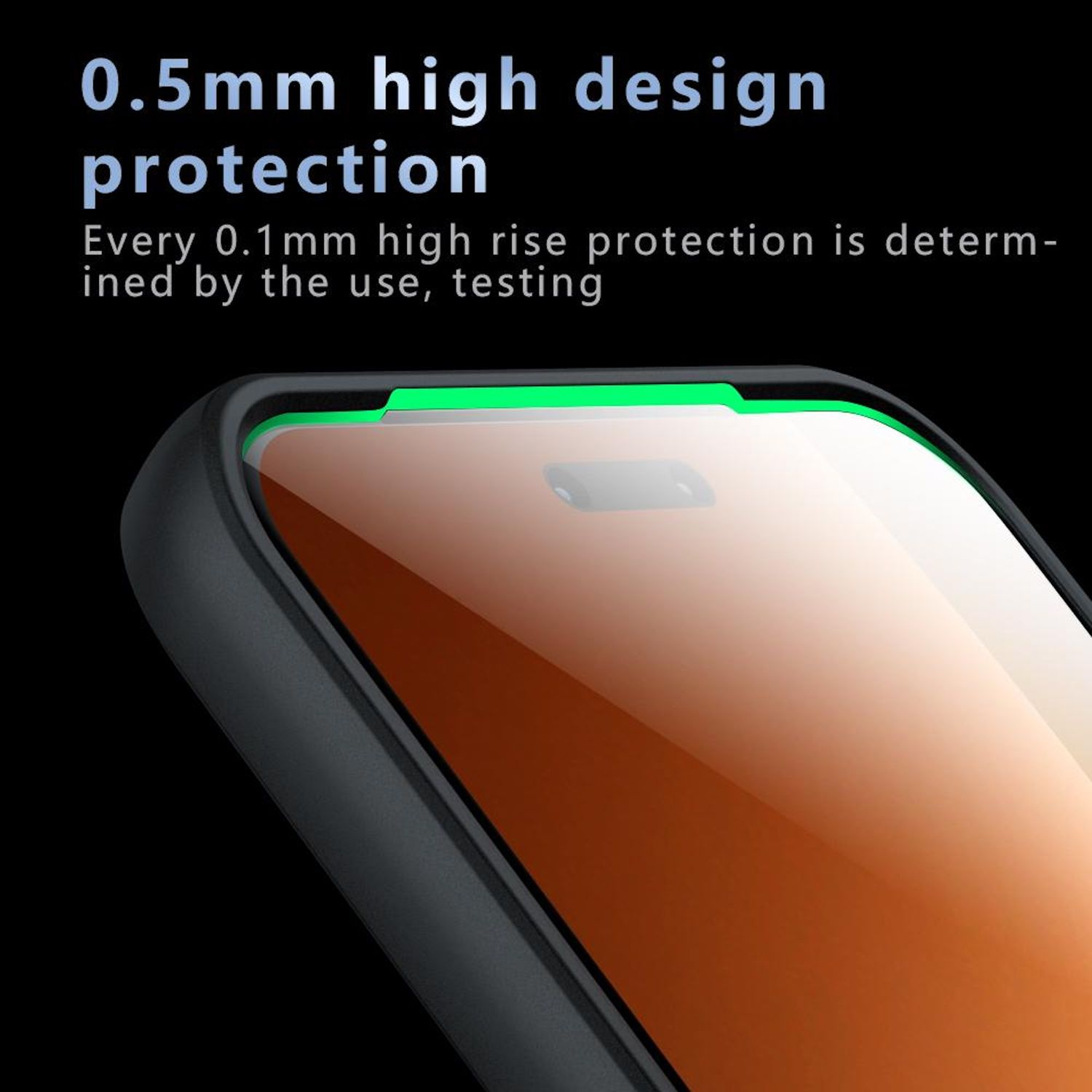 Gezeigtes Telefon mit Schutzhülle. Der Bildschirm ist orange und die Hülle ist schwarz. Der Text oben lautet Schutz.