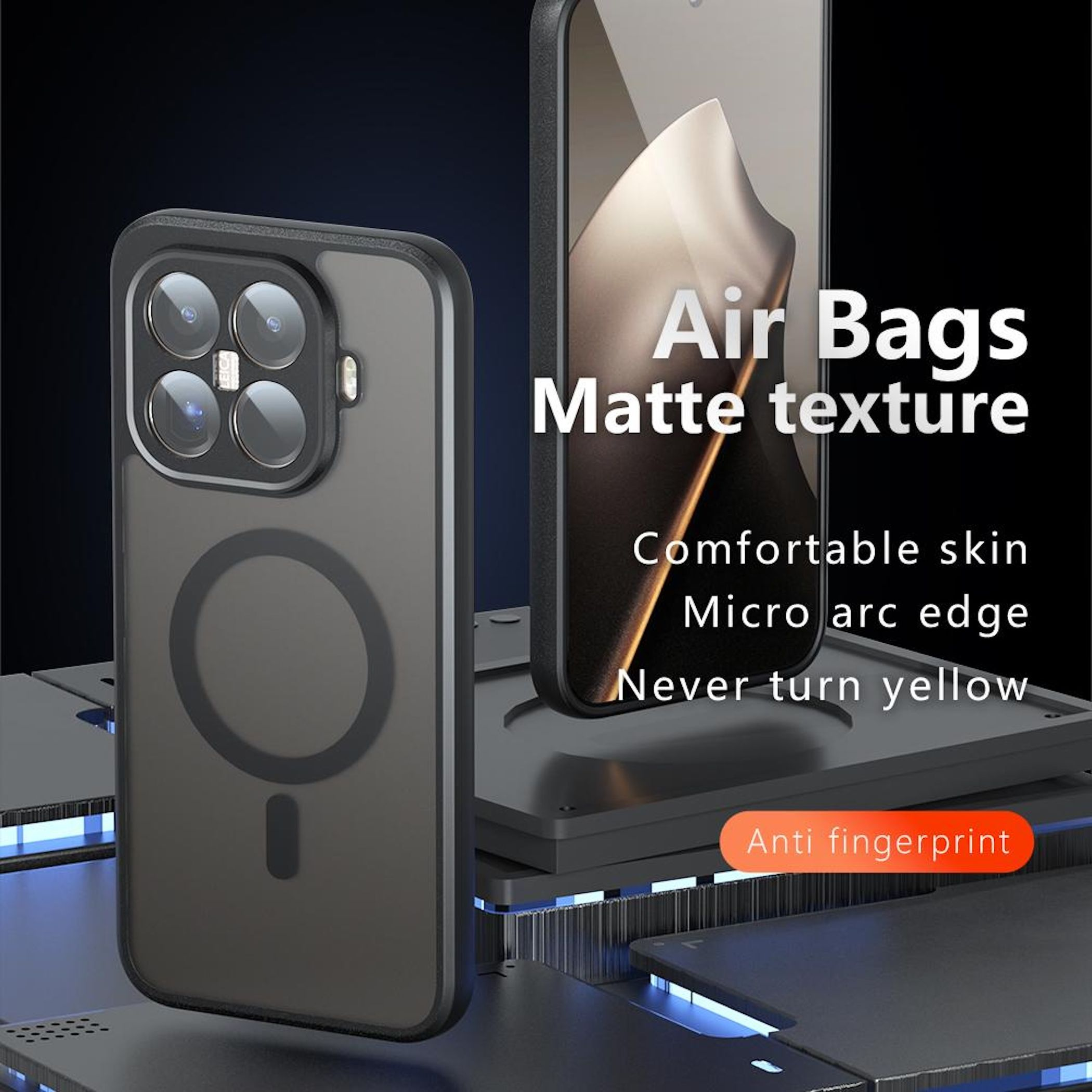 Se muestra una funda de teléfono, mostrando los detalles de su cámara y las palabras 'Air Bags Matte texture'.