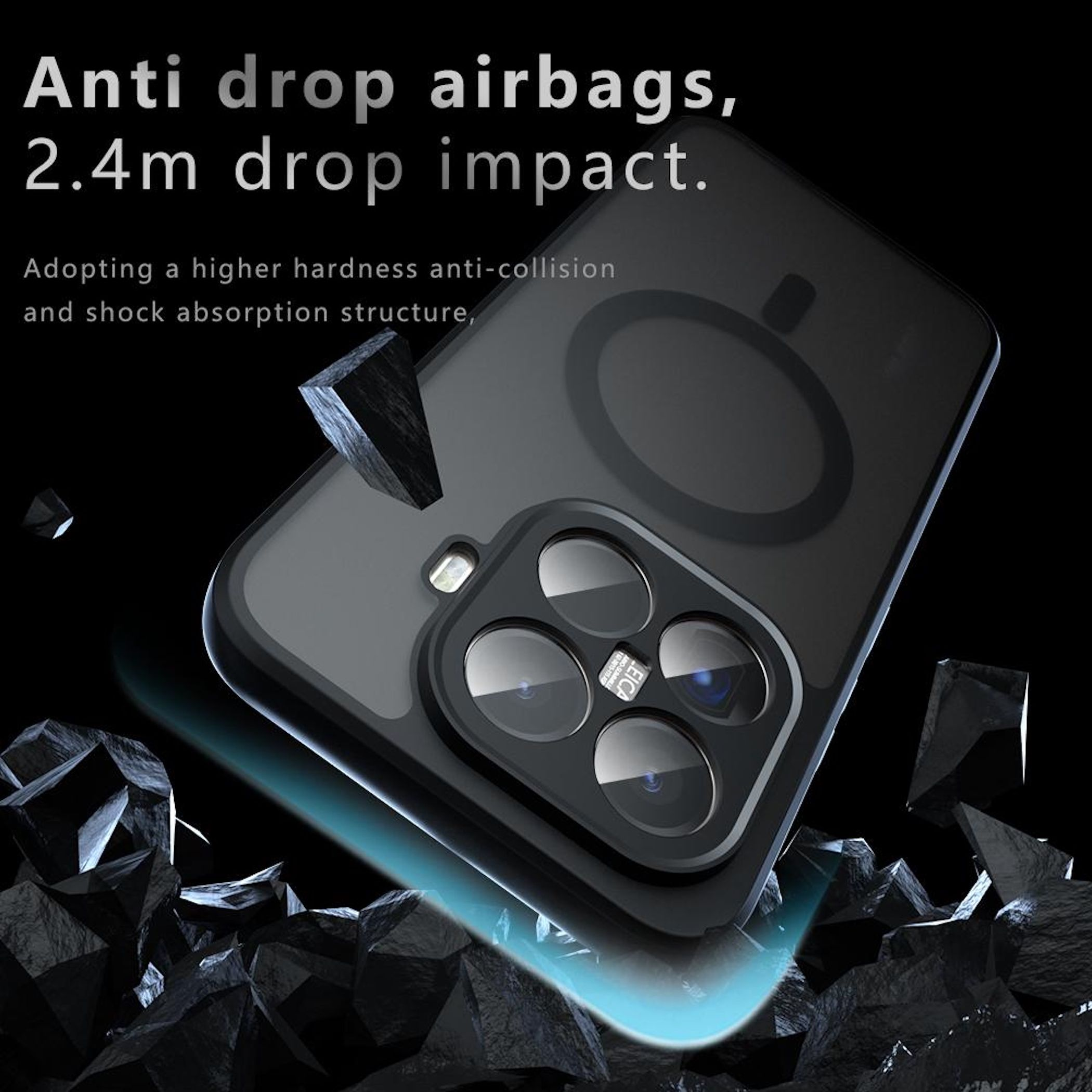 Una funda para teléfono con recortes de cámara y texto, 'Anti drop airbags'. Fondo negro con rocas oscuras.