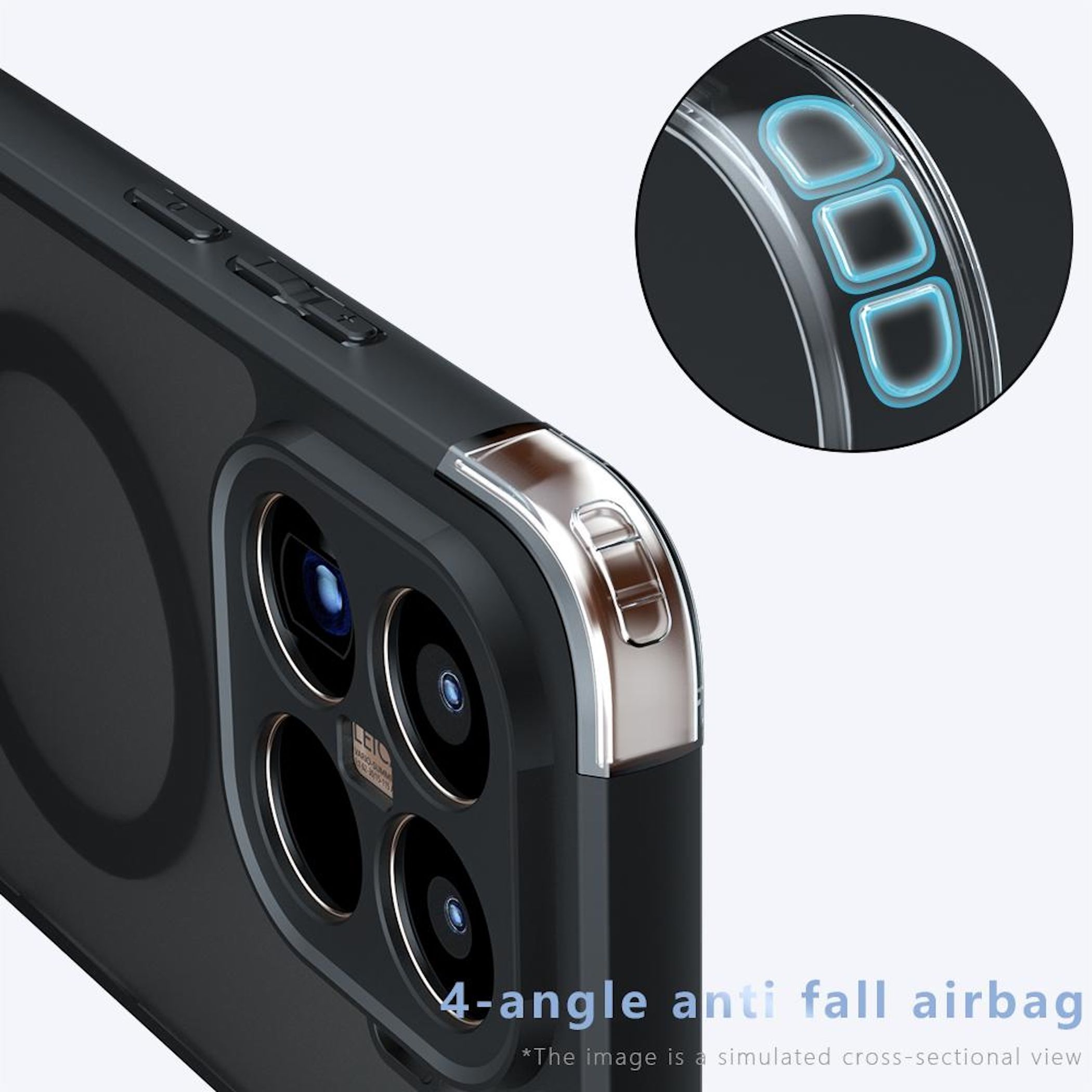 Primer plano de una funda de teléfono negra. Incluye lentes de cámara, botones y una sección transparente con detalles azules.