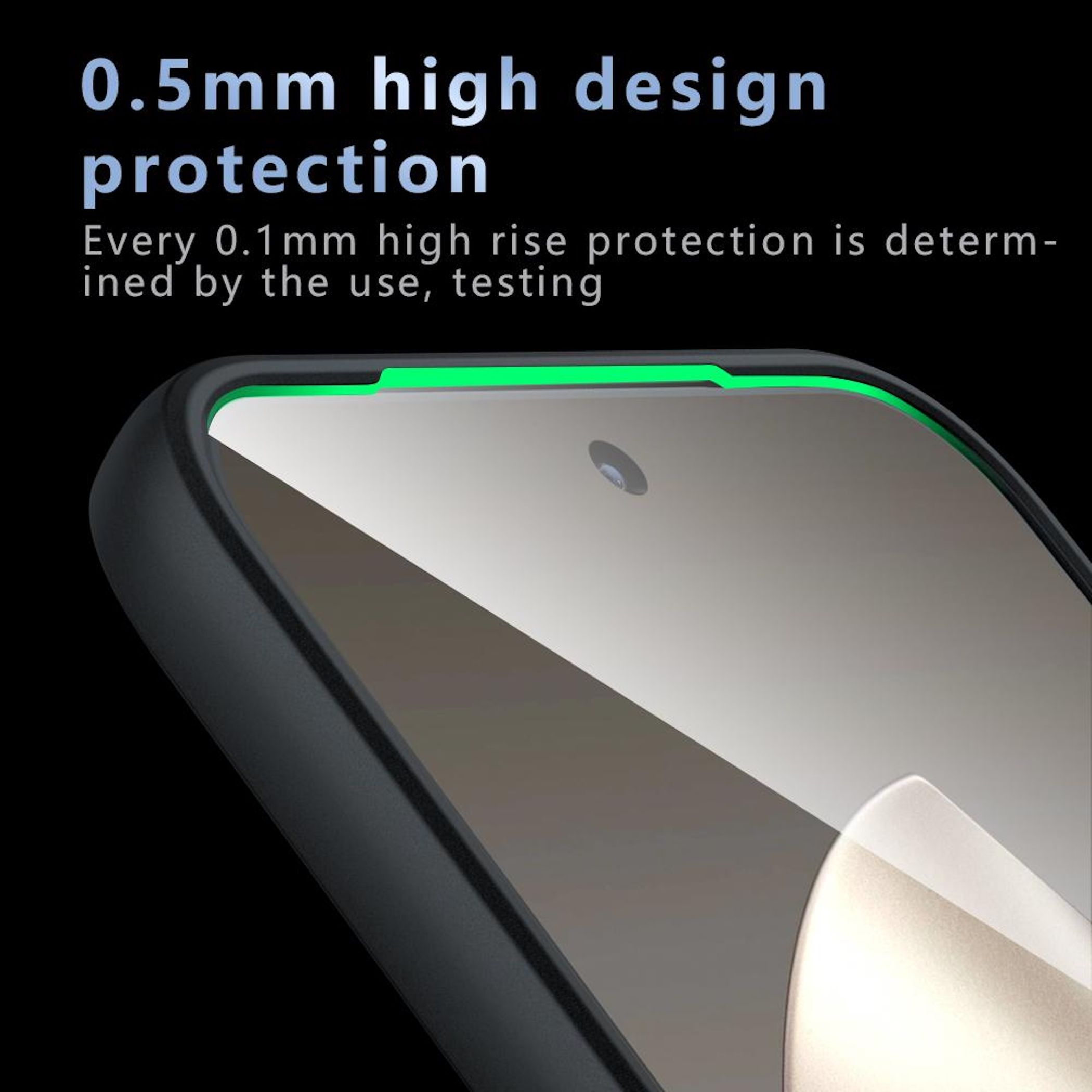 Primer plano de un protector de pantalla. El texto dice 'Protección de diseño de 0,5 mm'. Verde resalta el borde del teléfono.