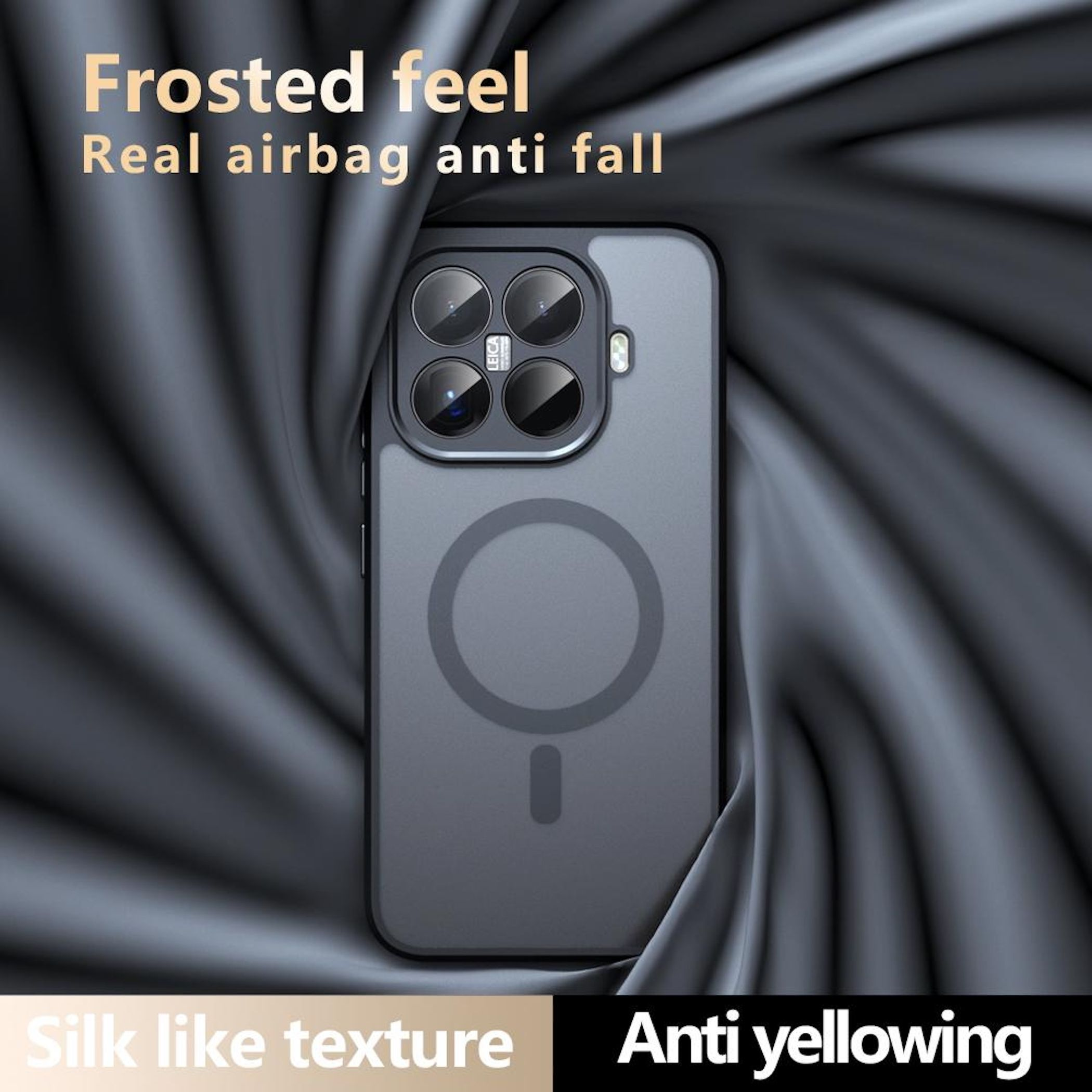 Se muestra una funda de teléfono, con las palabras "Frosted feel" y "Real airbag anti fall". El fondo es tela drapeada.