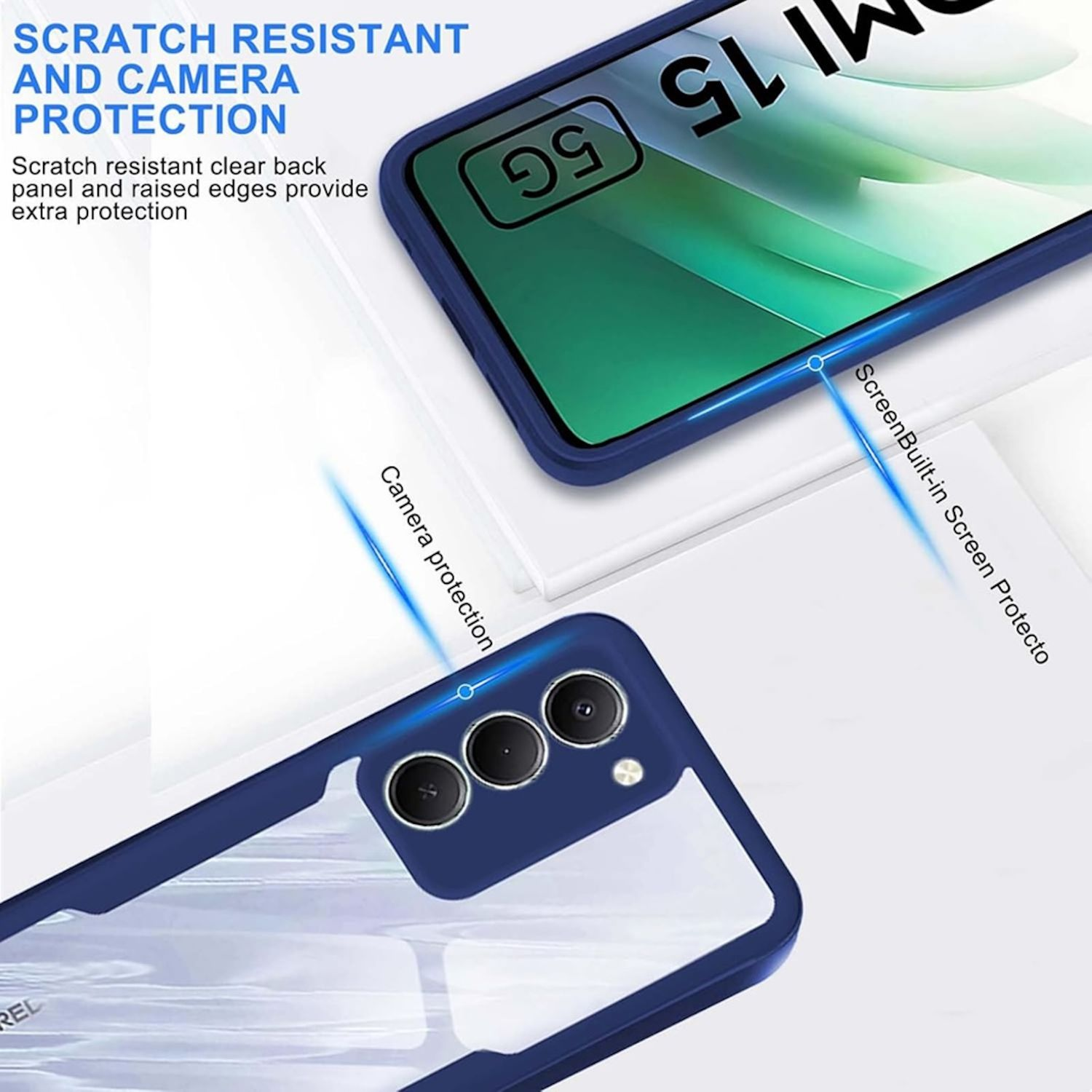Una funda de teléfono con marco azul. Protege la cámara. Texto: resistente a arañazos y protección de la cámara.