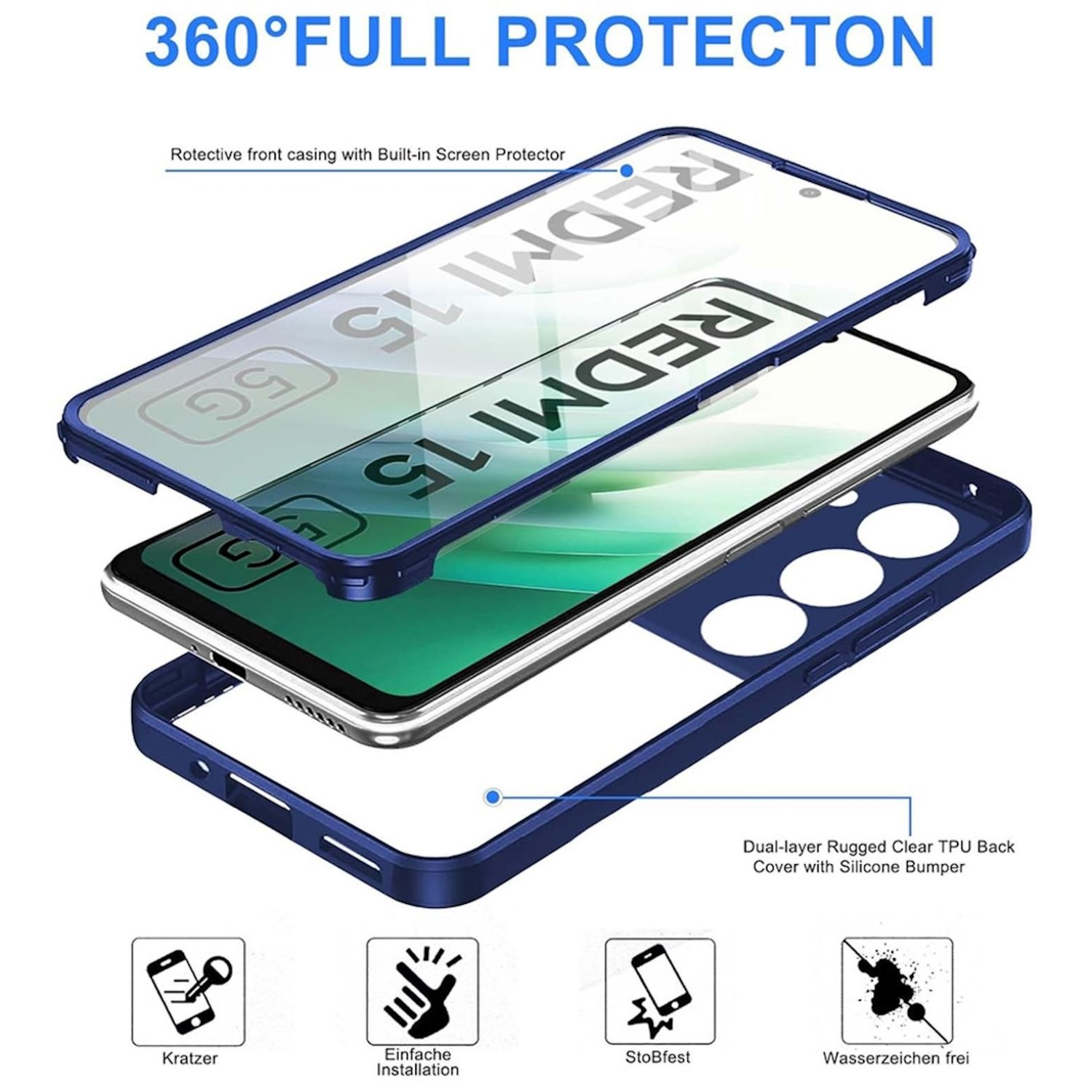 Funda para teléfono, tres capas, marco azul. Texto: Protección 360°, protector de pantalla, cubierta trasera transparente. Iconos: arañazos, fácil instalación, a prueba de golpes, sin marcas de agua.