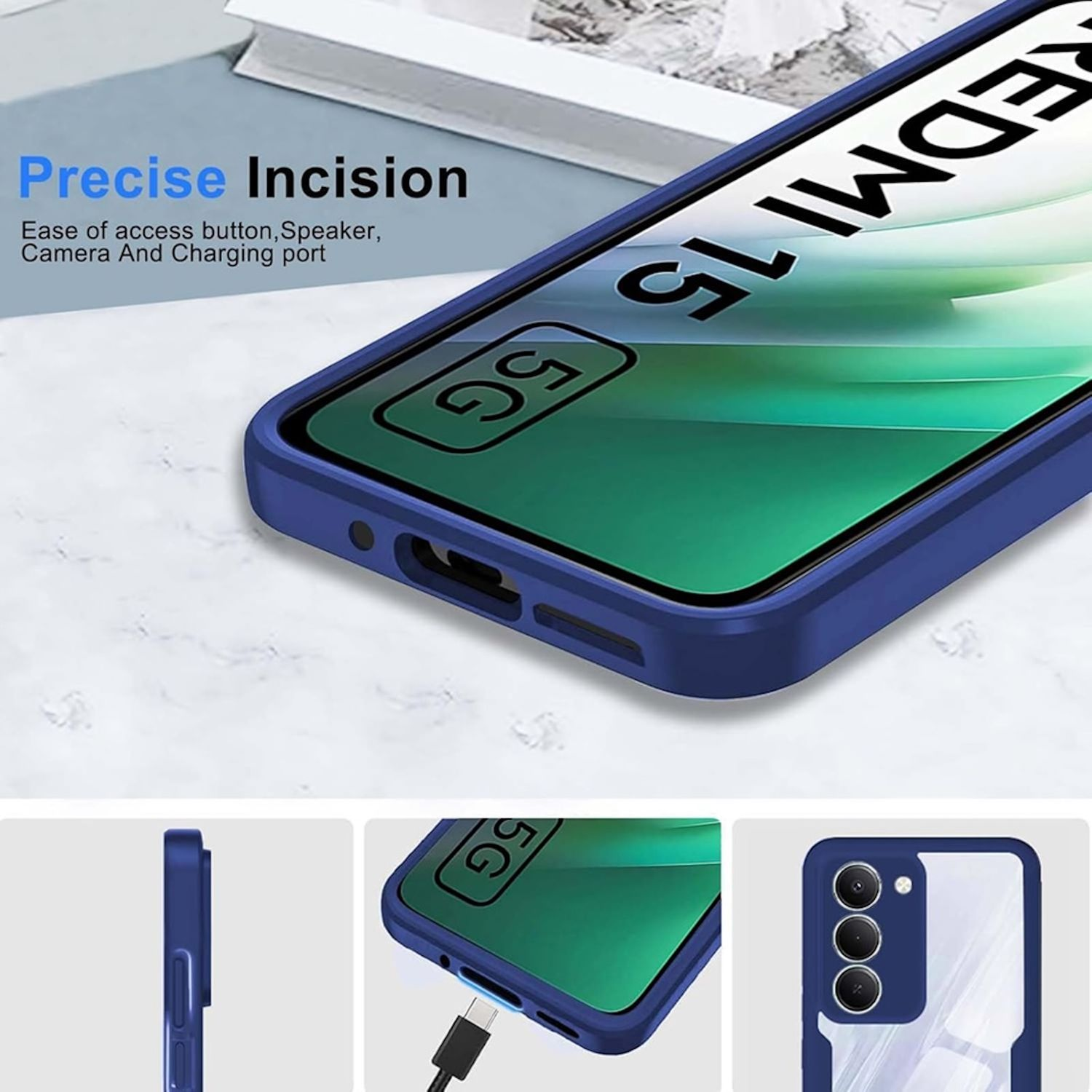 Funda de teléfono azul con un teléfono dentro. La funda tiene incisiones precisas para botones, altavoz, cámara y puerto de carga.