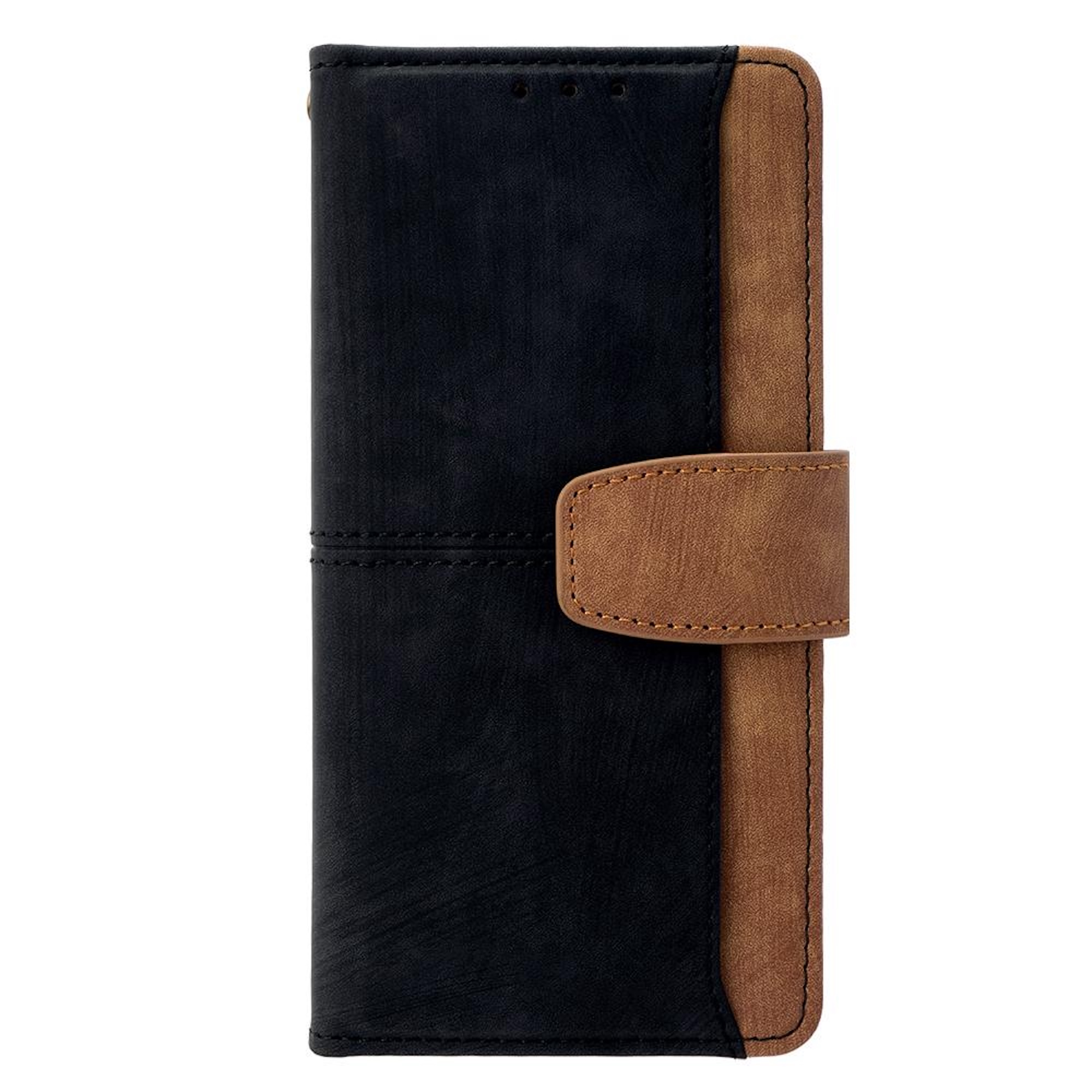 Una custodia per telefono in pelle nera e marrone con chiusura magnetica.