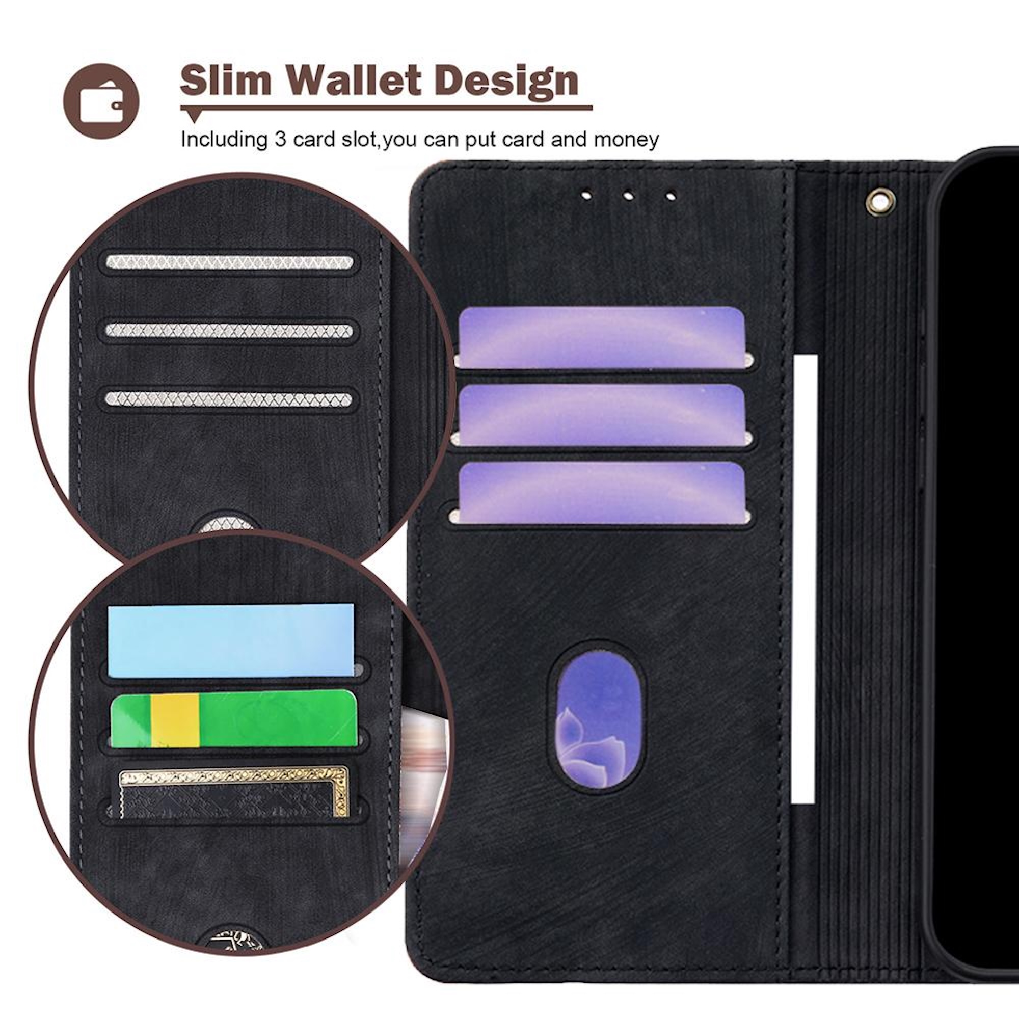 Custodia a portafoglio nera con scomparti per carte. Include tre fessure. Dettagli del design in un cerchio.