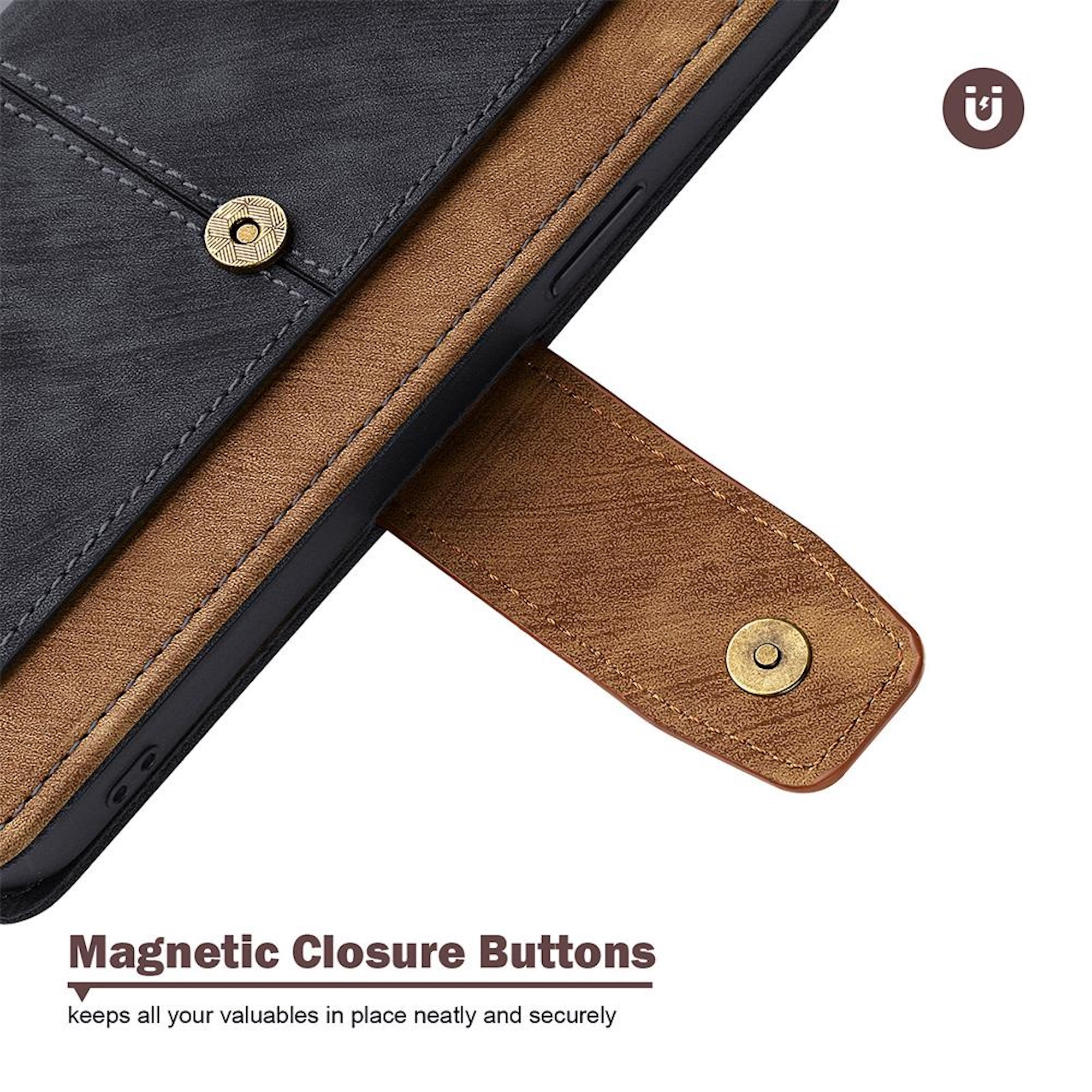 Primo piano di una custodia per telefono in pelle con bottoni di chiusura magnetici. La custodia è nera e marrone, con cuciture e un logo.