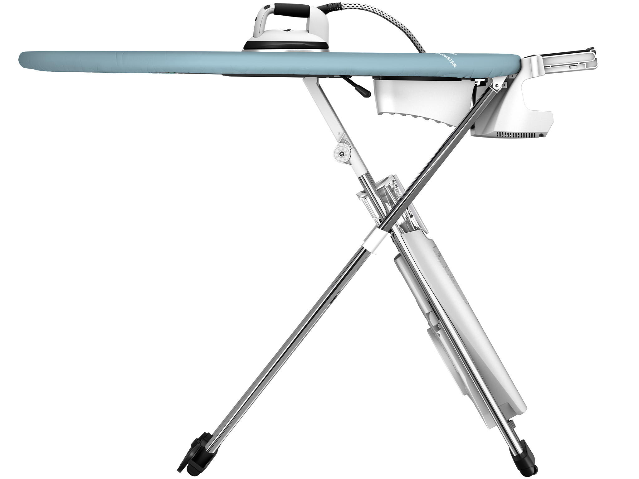 An ironing board with an iron. The board is light blue. The iron is white and black. The stand is silver and white.