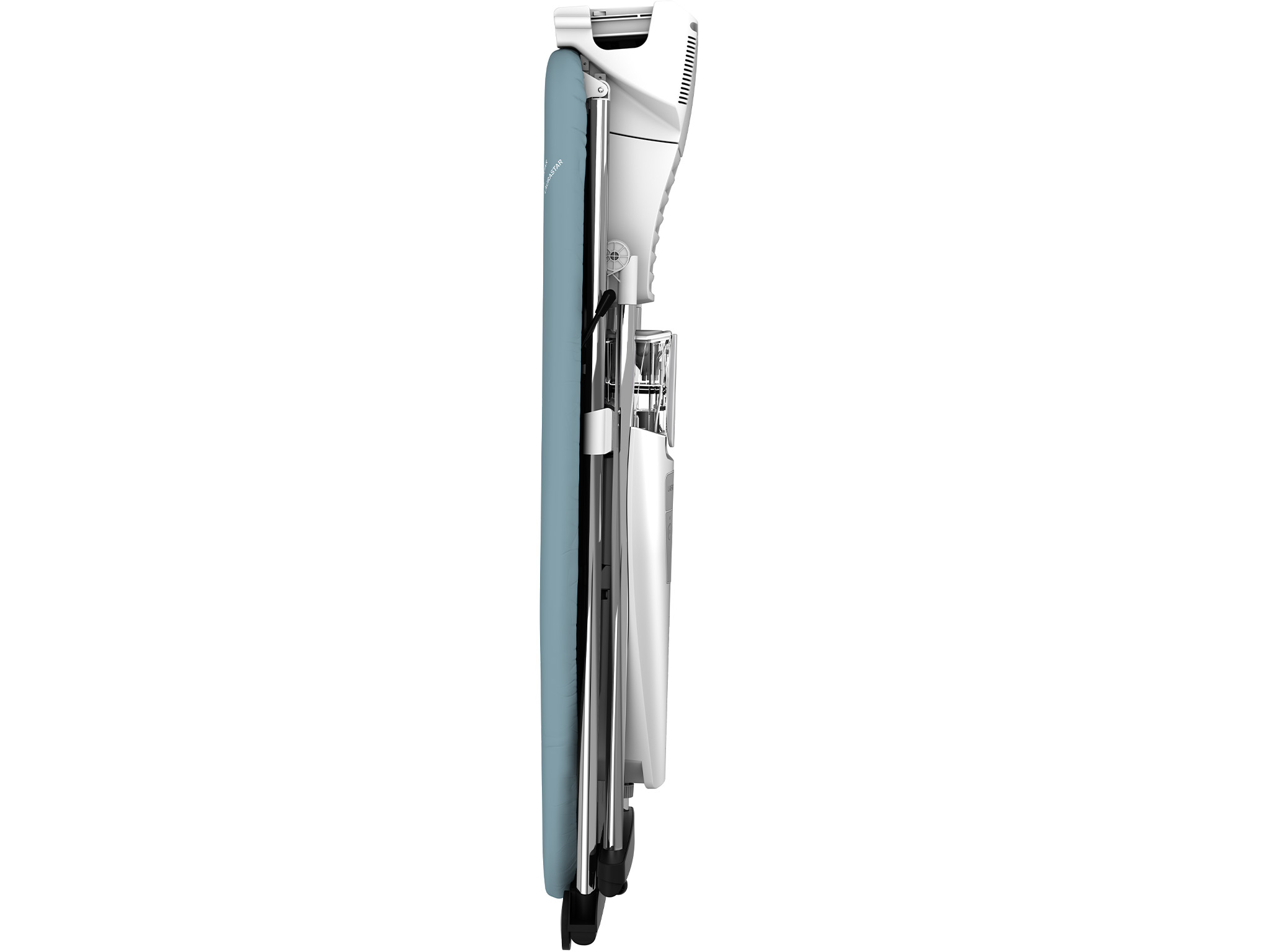 A white and blue ironing board is folded up. It stands vertically against a white background.
