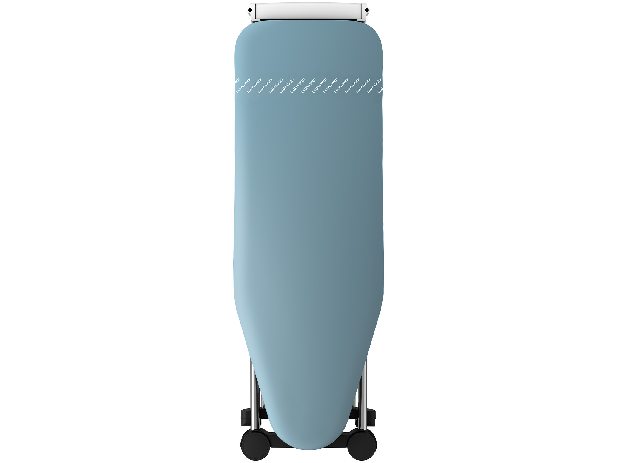 A light blue ironing board with black wheels and a white top. The board has the word LAURASTAR printed on it.