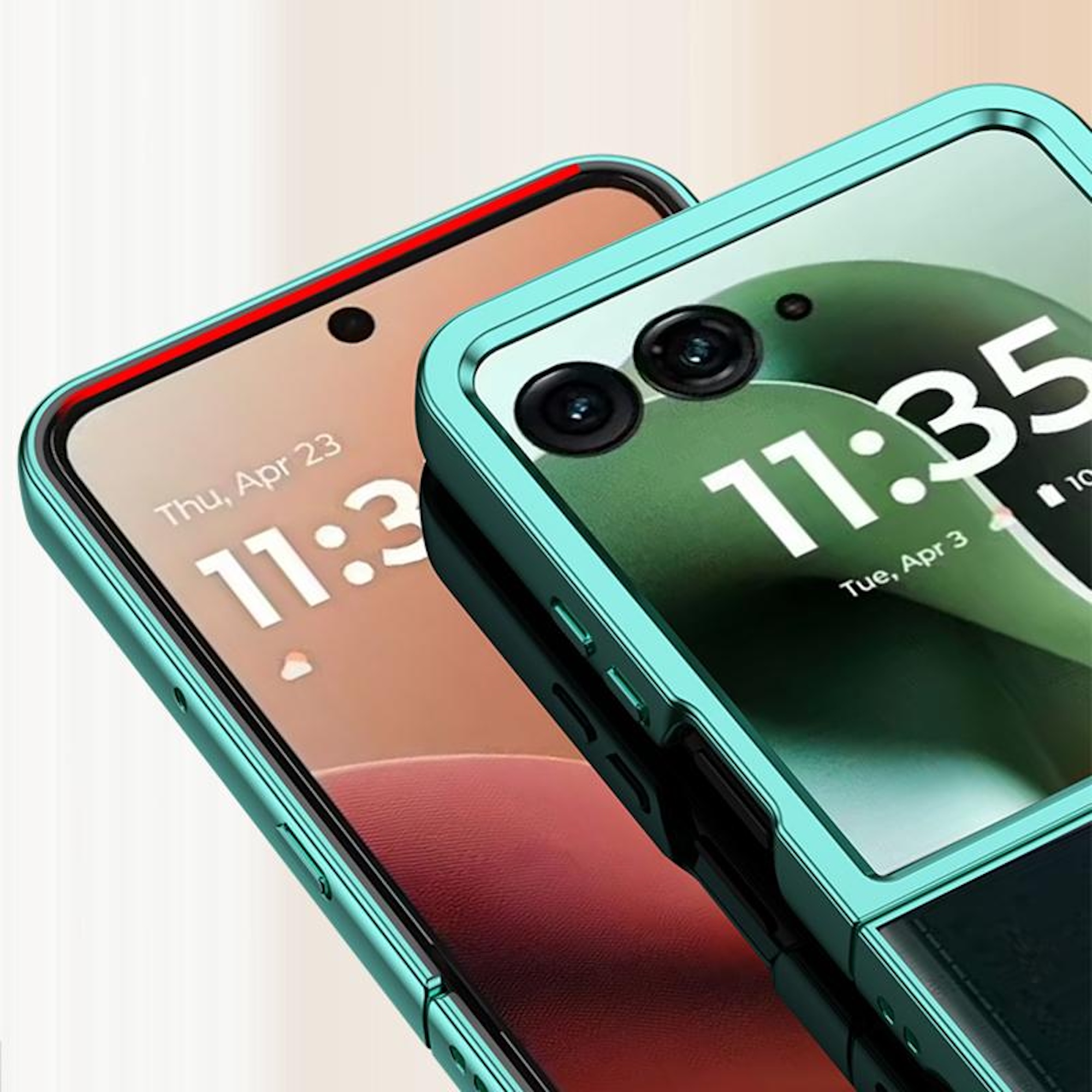 Zwei Smartphones mit Bildschirmen, die Zeit und Datum anzeigen, in grünen und braunen Hüllen. Eines zeigt 11:35 an.
