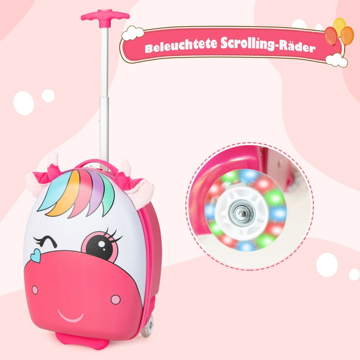Una maleta de unicornio rosa con asa. Tiene un ojo guiñado, melena arcoíris y ruedas iluminadas. Fondo rosa.