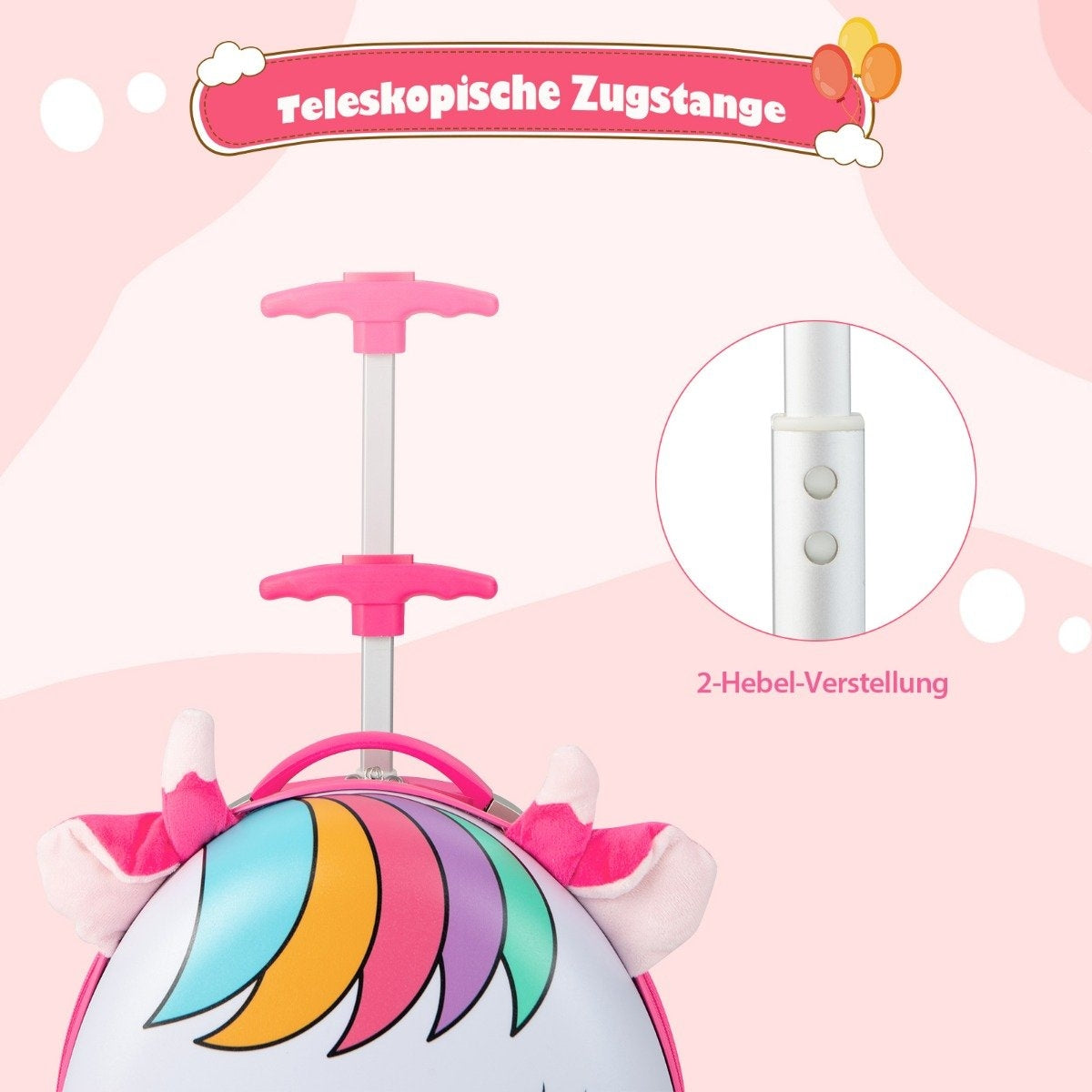 Una maleta de unicornio rosa con asa telescópica, detalles del asa y un primer plano del mecanismo de ajuste del asa.