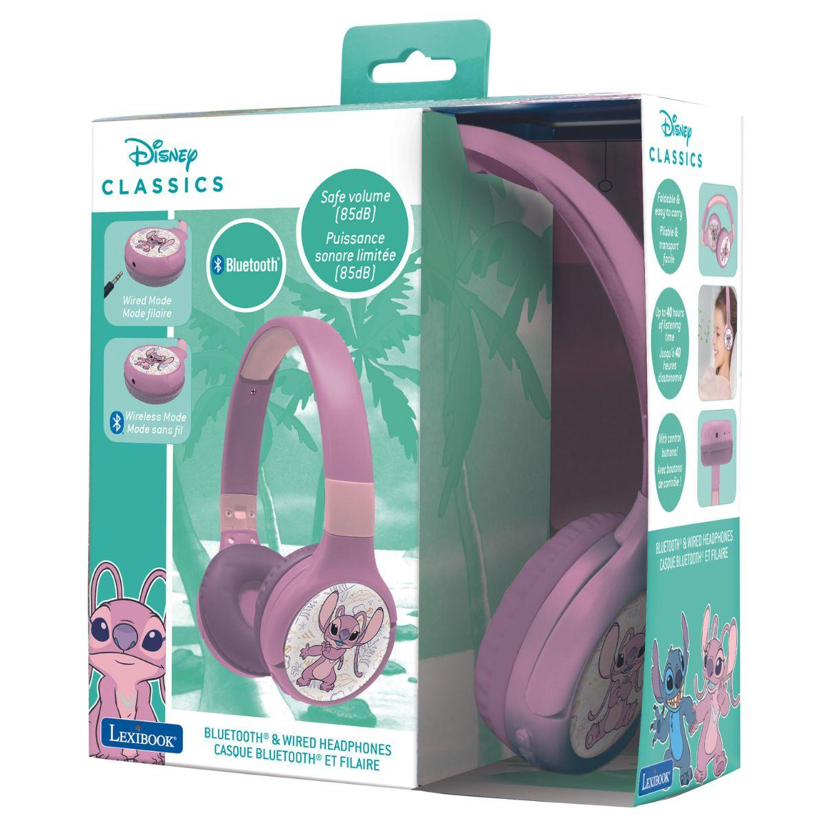 Cuffie rosa Disney Classics in una scatola, con Stitch. La scatola evidenzia funzionalità come volume sicuro e Bluetooth.