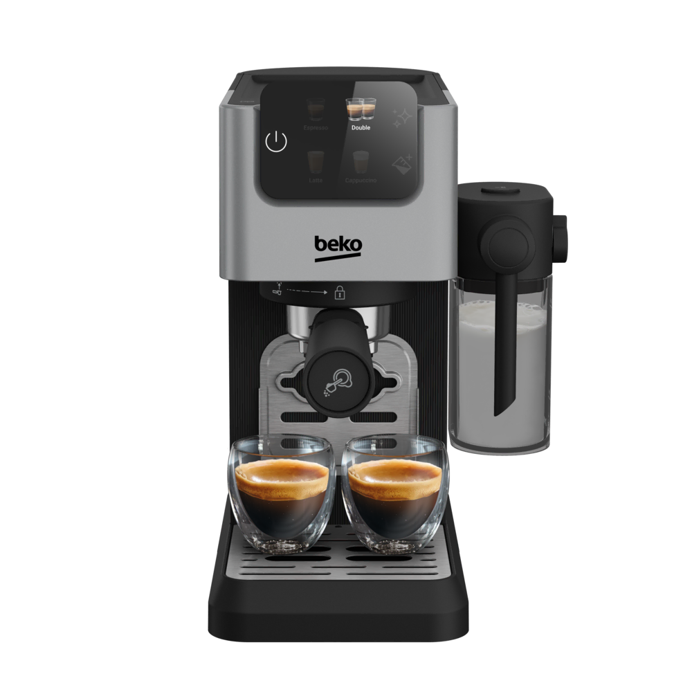 Gümüş Beko espresso makinesi, önünde iki dolu bardak. Yanında süt köpürtücü. Farklı kahve seçenekleri mevcut.