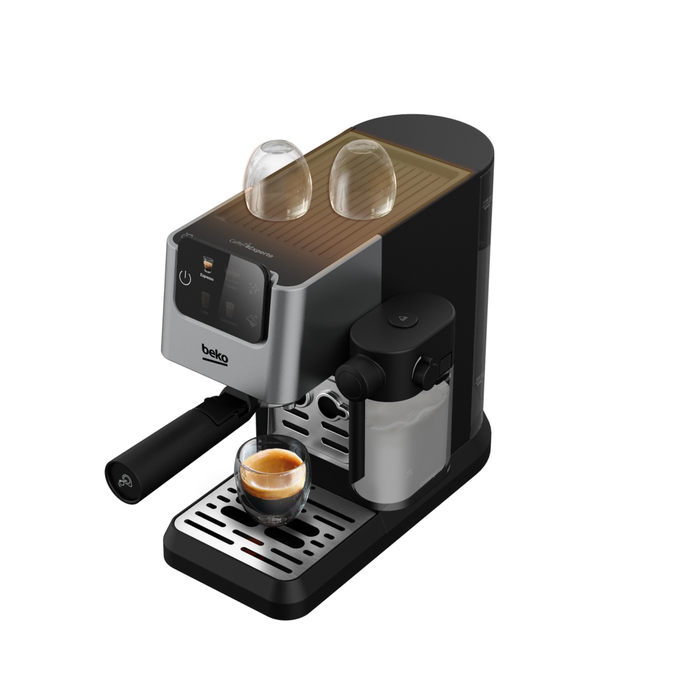 Siyah ve gümüş renkli bir espresso makinesi ve bir bardak kahve. Üzerinde iki bardak var. Makinenin bir su deposu var.
