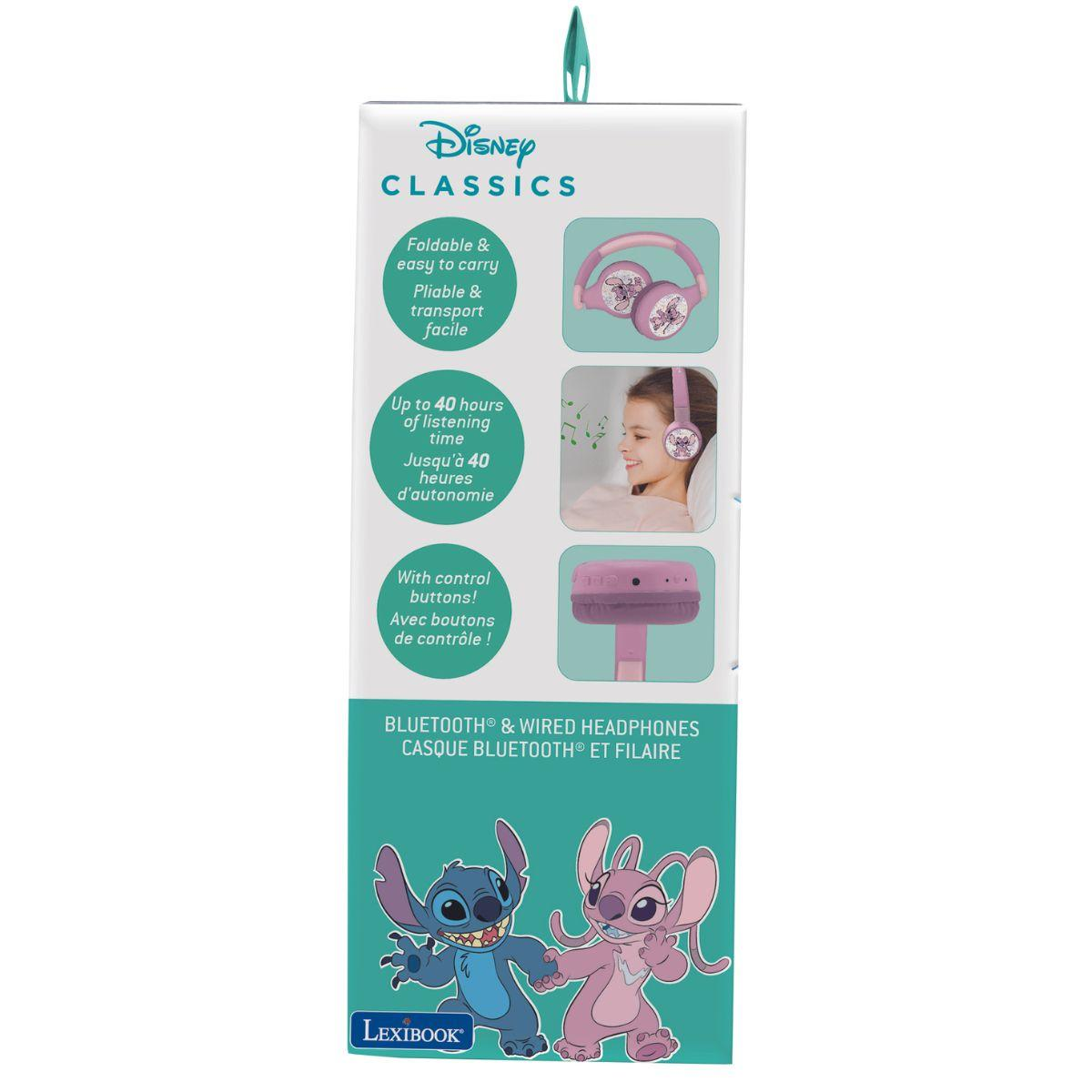 L'immagine mostra una scatola di cuffie Bluetooth Disney. Presenta un design rosa, Stitch e Angel e informazioni sul prodotto.